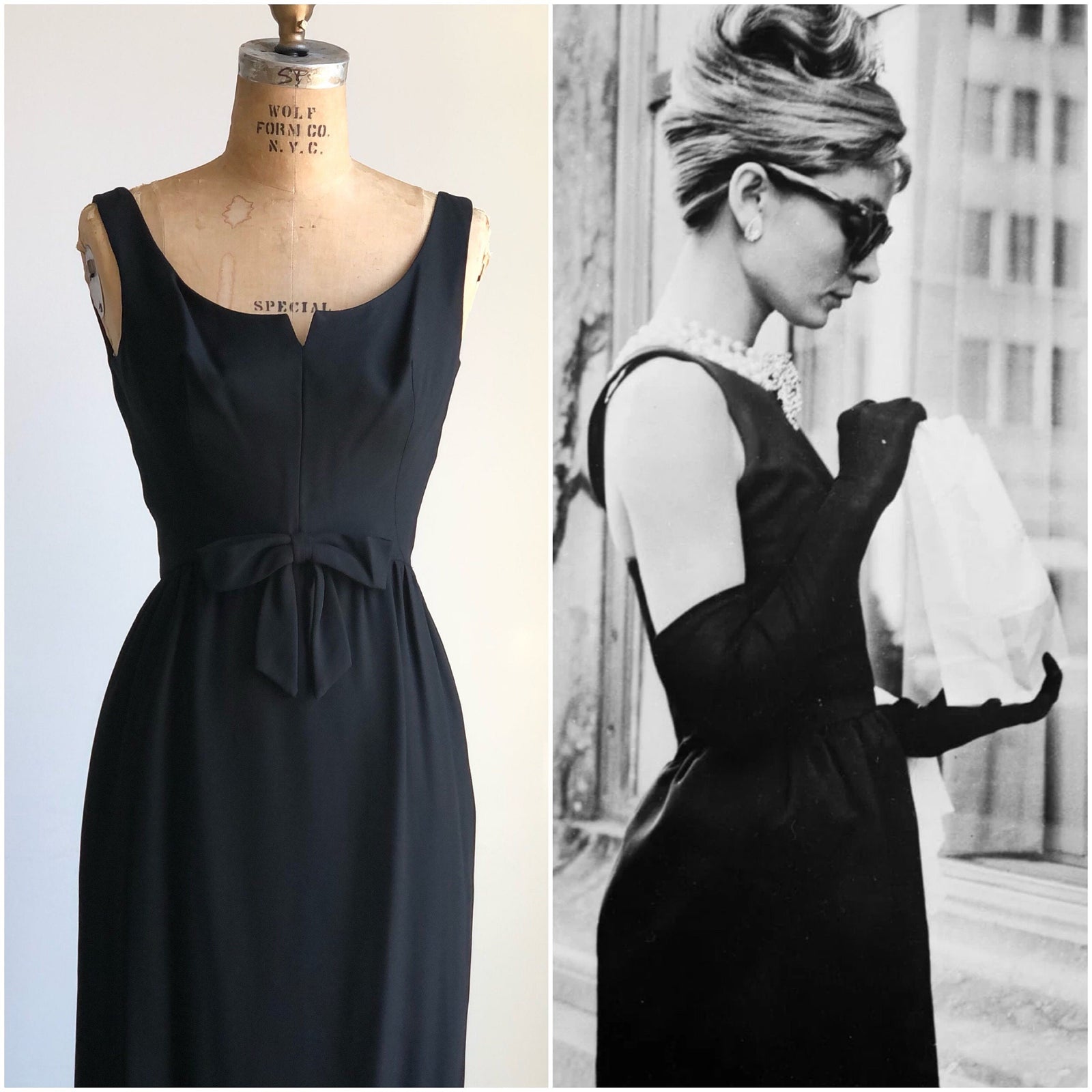 1950s Vintage Black Dress with Bow Audrey Hepburn Inspired SMALL