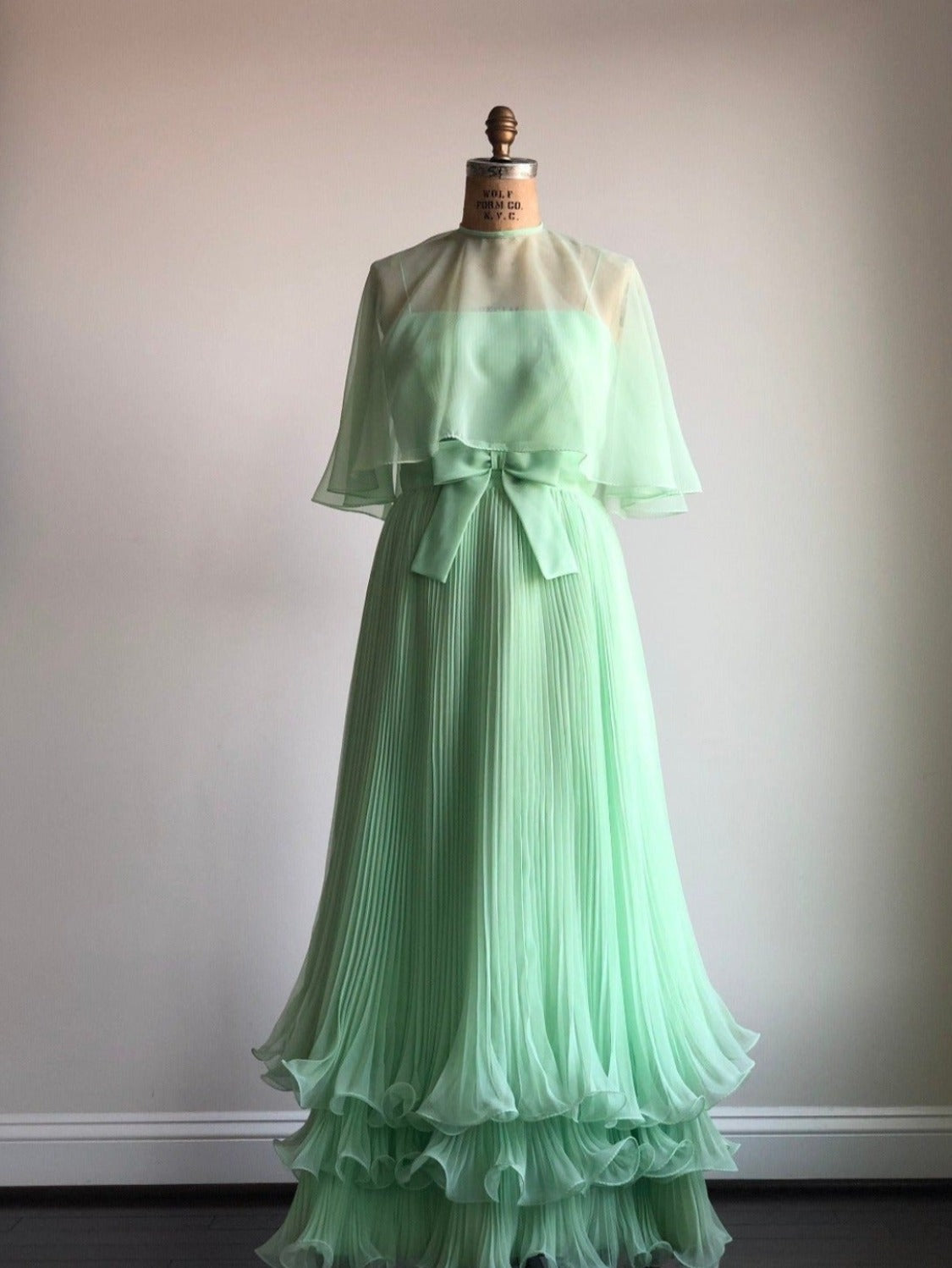 1960s Vintage Mint Chiffon Gown Dress with Matching Cape Poncho M/L 1960s Vintage Mint Chiffon Gown Dress with Matching Cape Poncho M/L