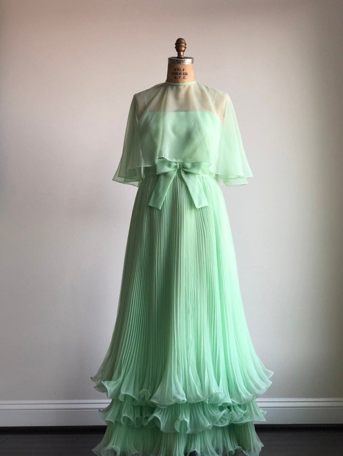 1960s Vintage Mint Chiffon Gown Dress with Matching Cape Poncho M/L