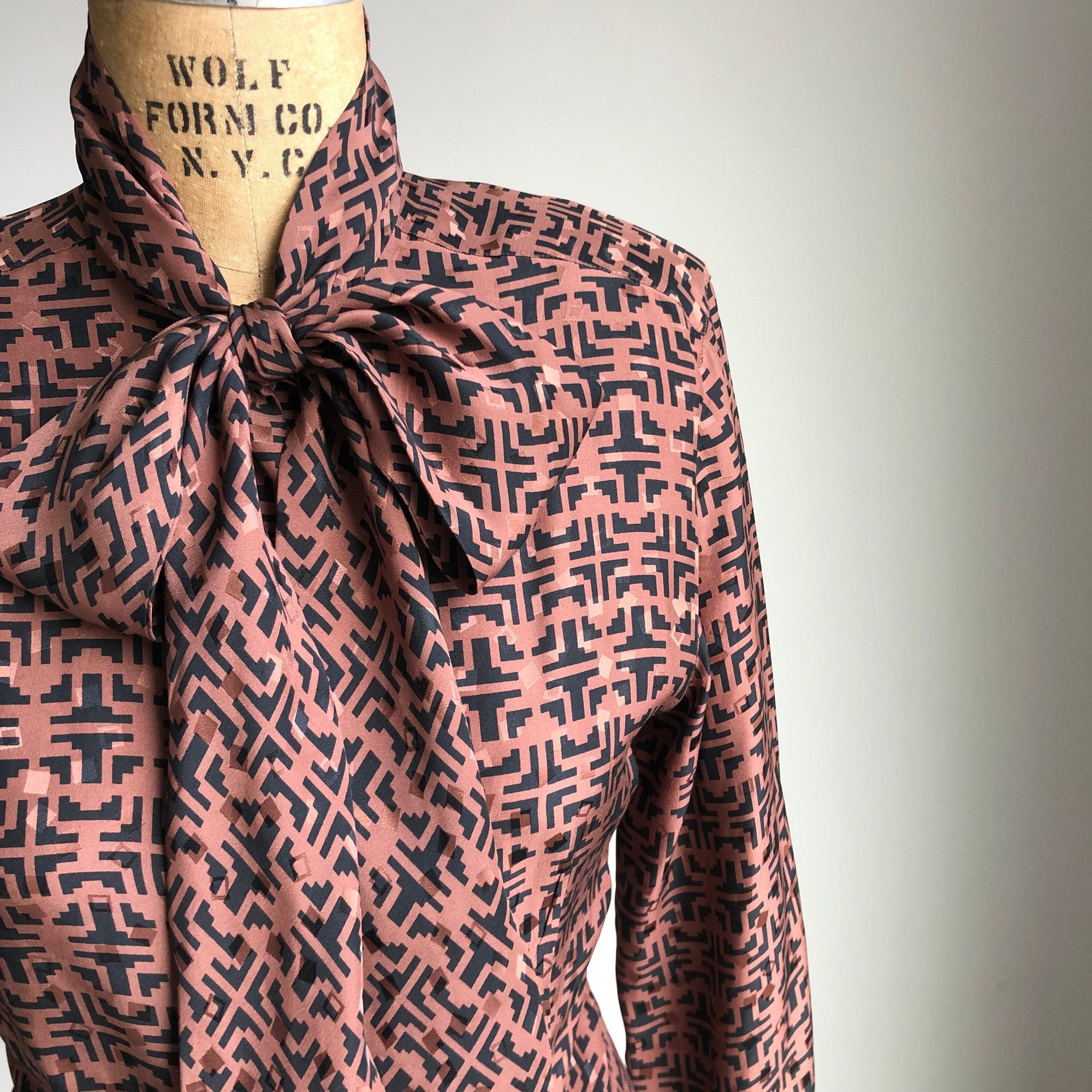1980s 90s Christian Dior Geometric Pussy Bow Silk Blouse Size 6