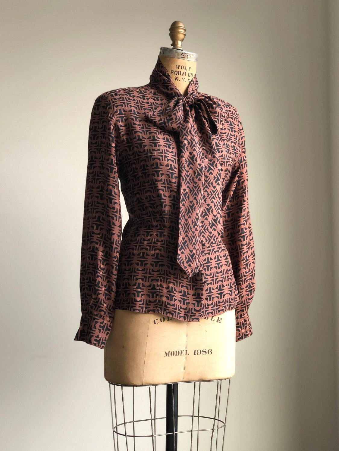 1980s 90s Christian Dior Geometric Pussy Bow Silk Blouse Size 6