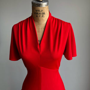 1970s Vintage Red Valentines Flutter Sleeve Maxi Long Dress LARGE