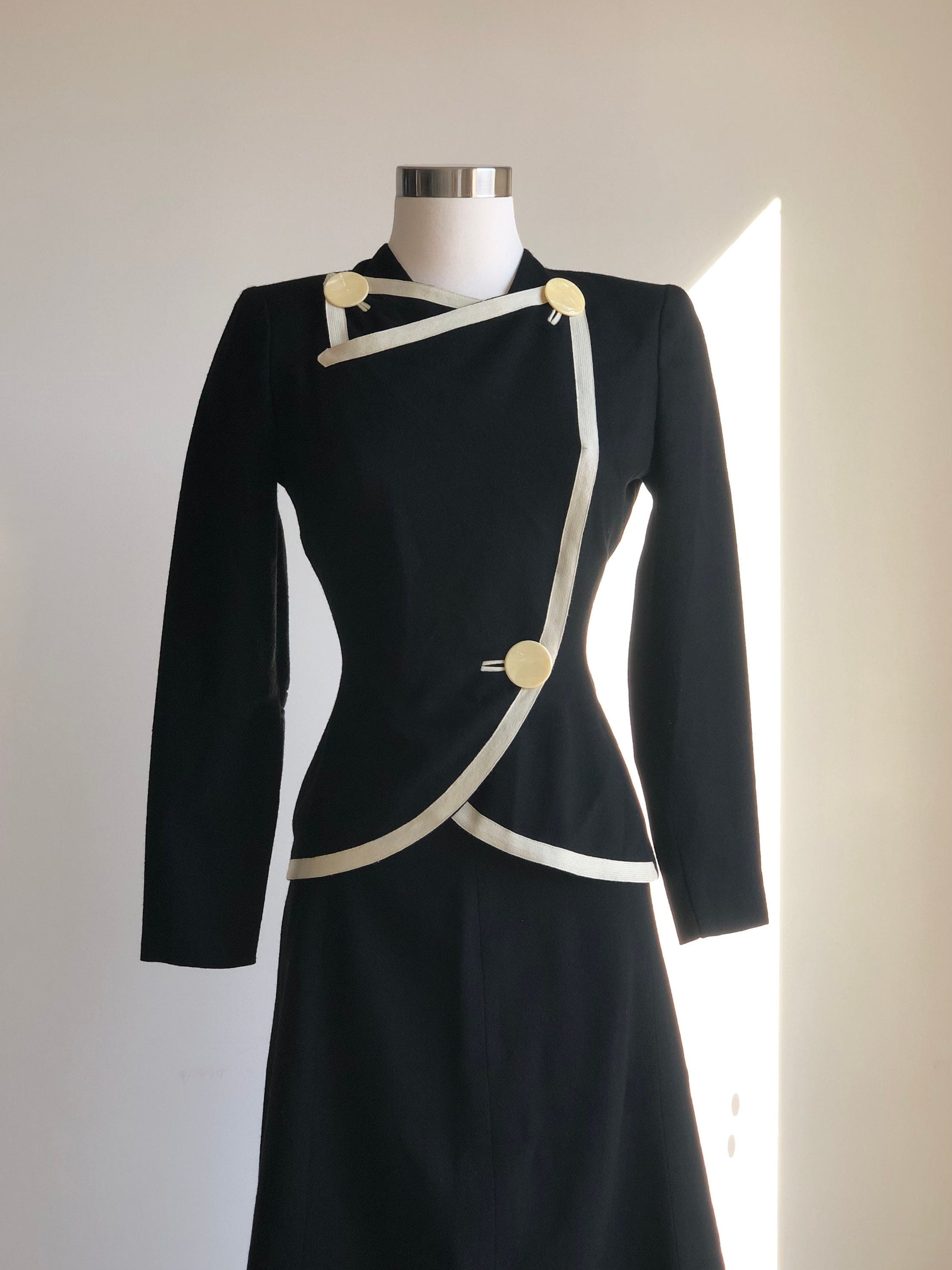 1940s Original Letty Doyle Black and White Wool Suit XS