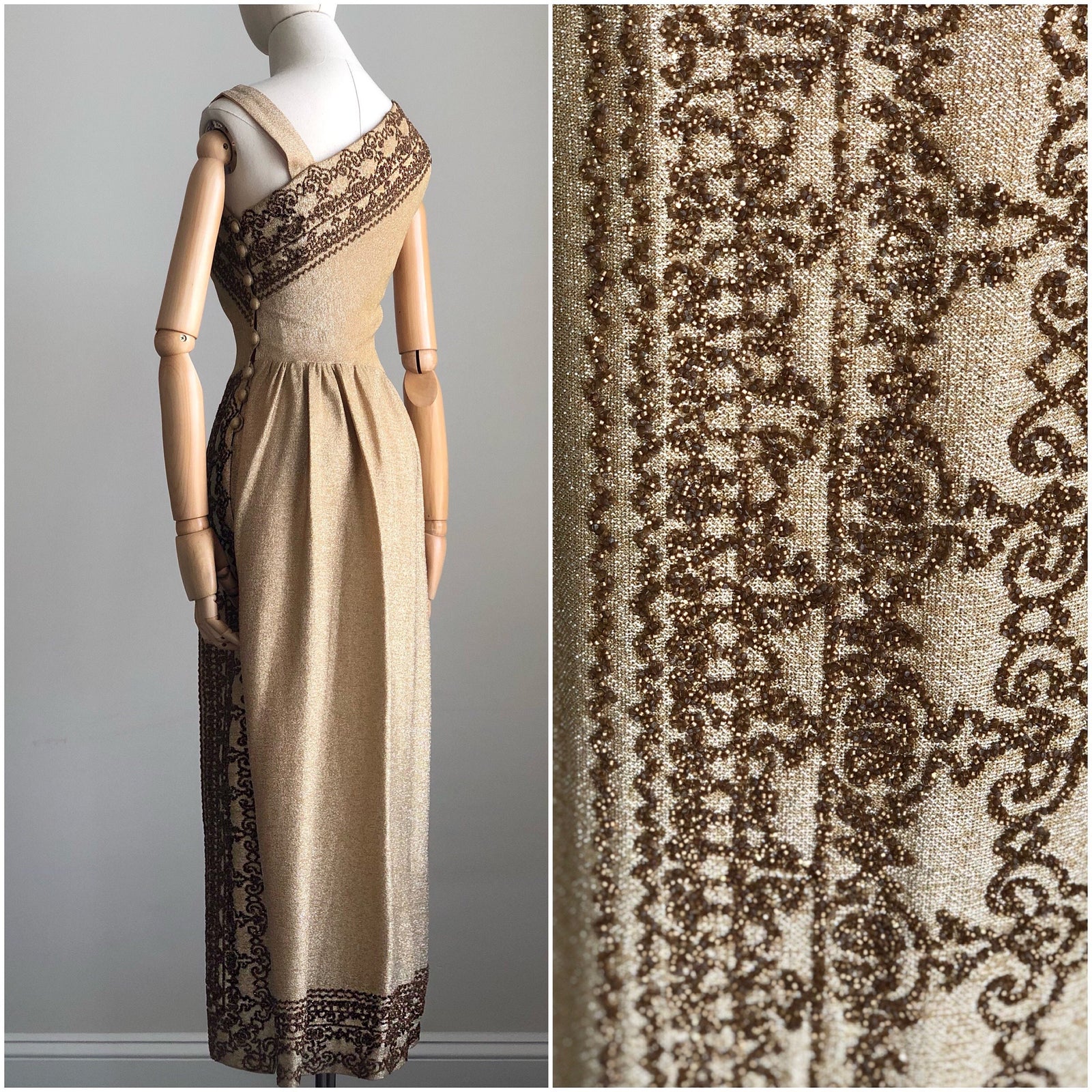 1960s Gold Goddess Beaded Lurex Gown MEDIUM