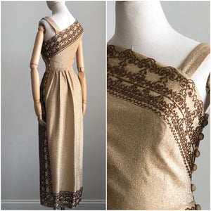 1960s Gold Goddess Beaded Lurex Gown MEDIUM