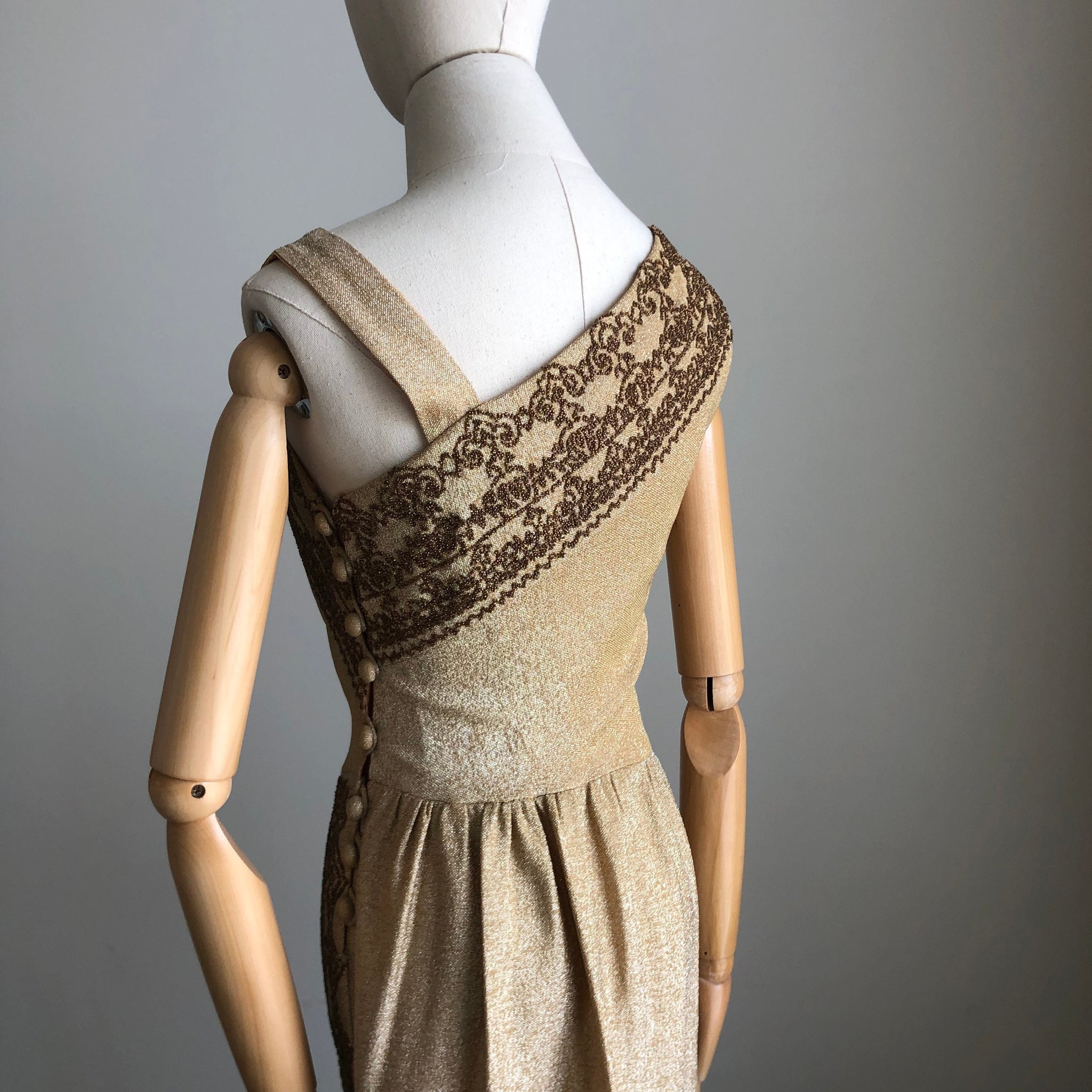 1960s Gold Goddess Beaded Lurex Gown MEDIUM - Maiden Posh 1960s Gold Goddess Beaded Lurex Gown MEDIUM - Maiden Posh