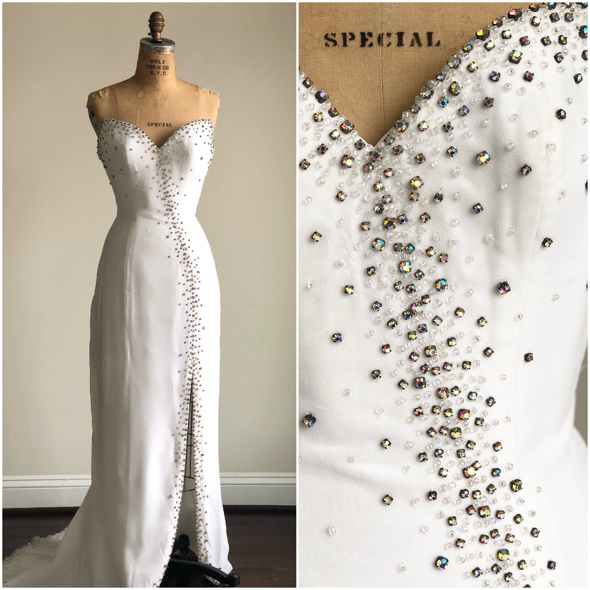 1990s White Velvet Sweetheart Gown with Rhinestones and 100% Silk Lining Size 6 SMALL