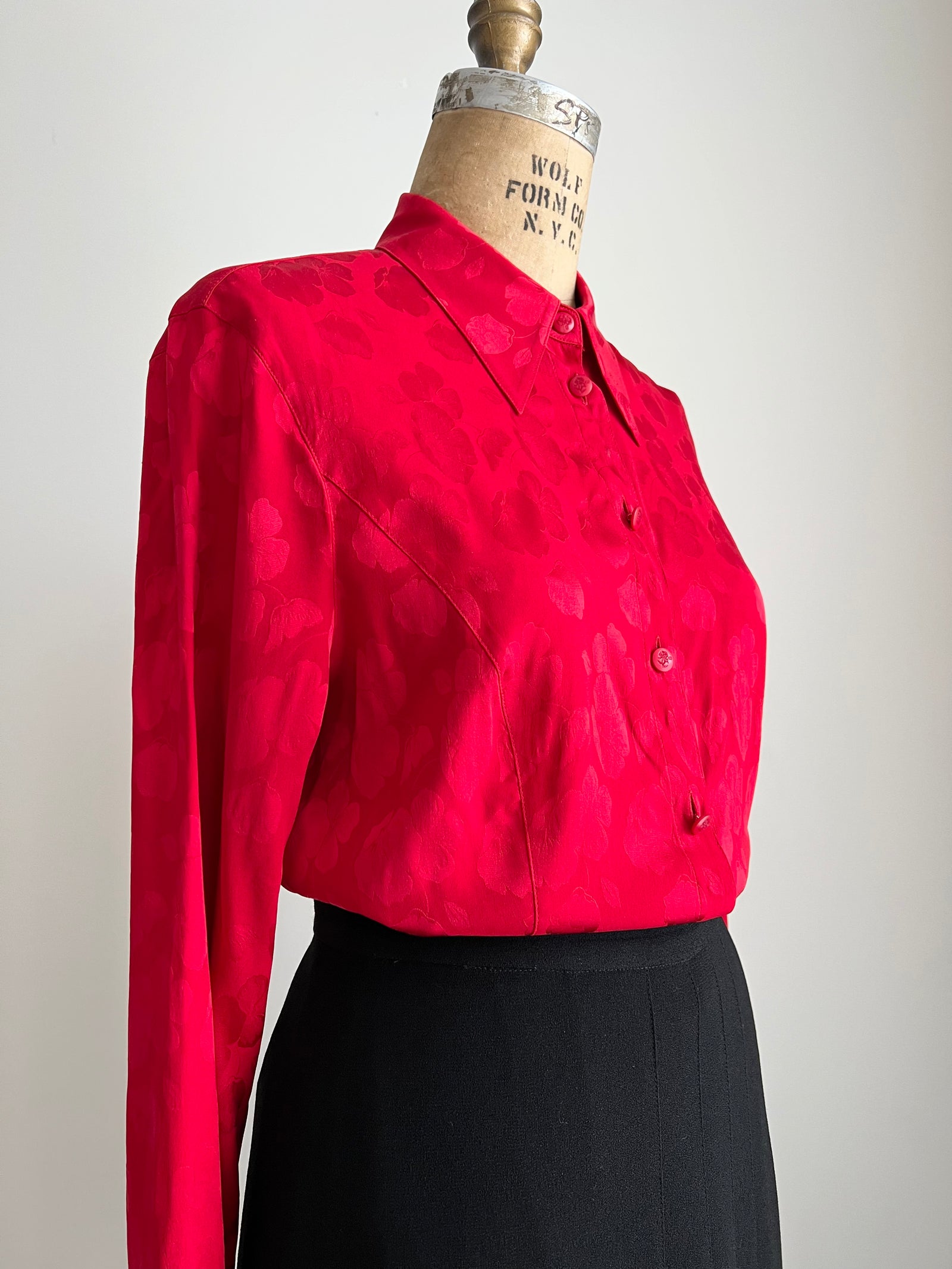 1980s 90s Escada Silk Floral Etched Red Blouse