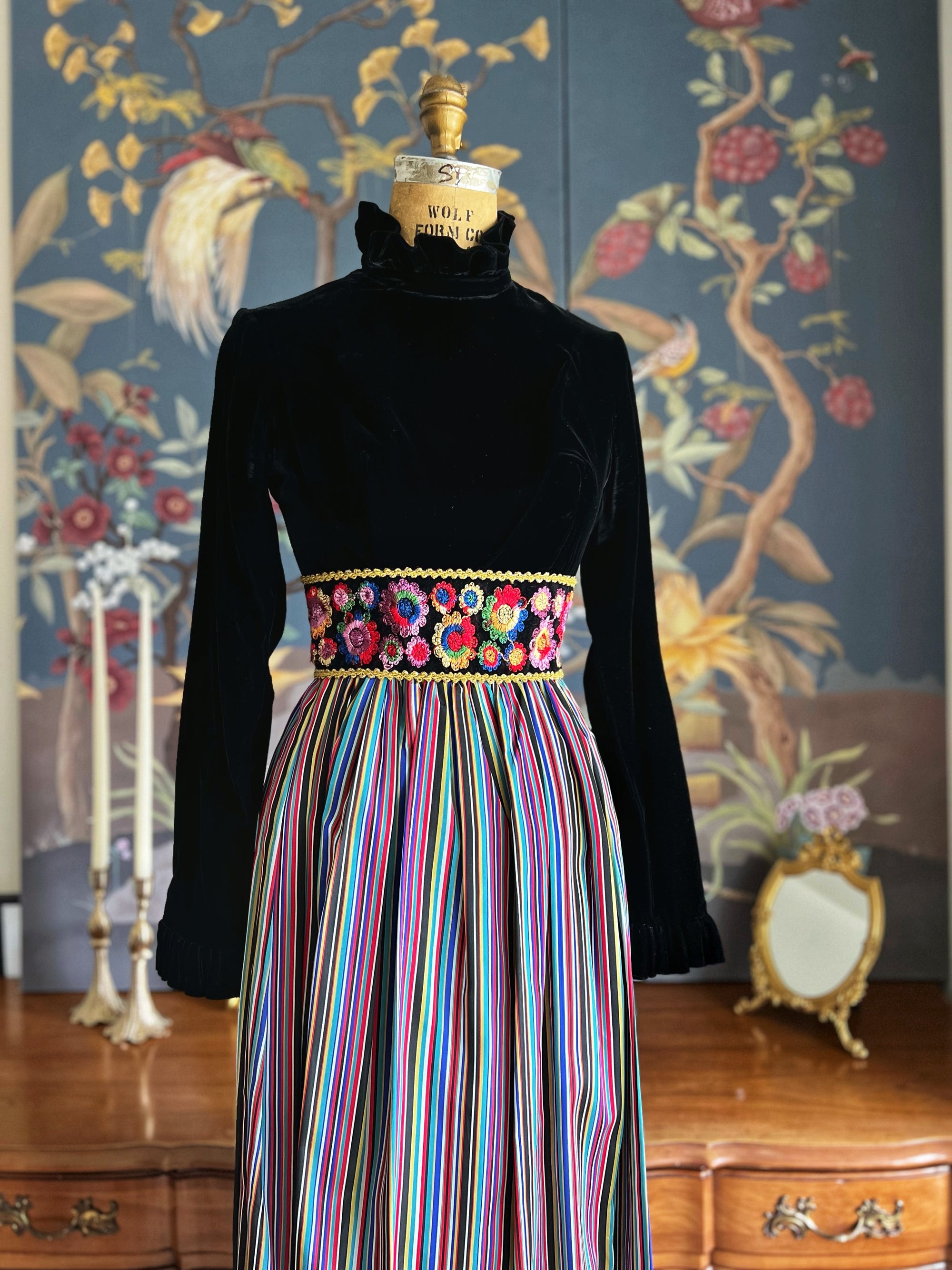 1960s Velvet Taffeta Maxi Dress with High Waist Built-In Embroidered Belt Sash S/M