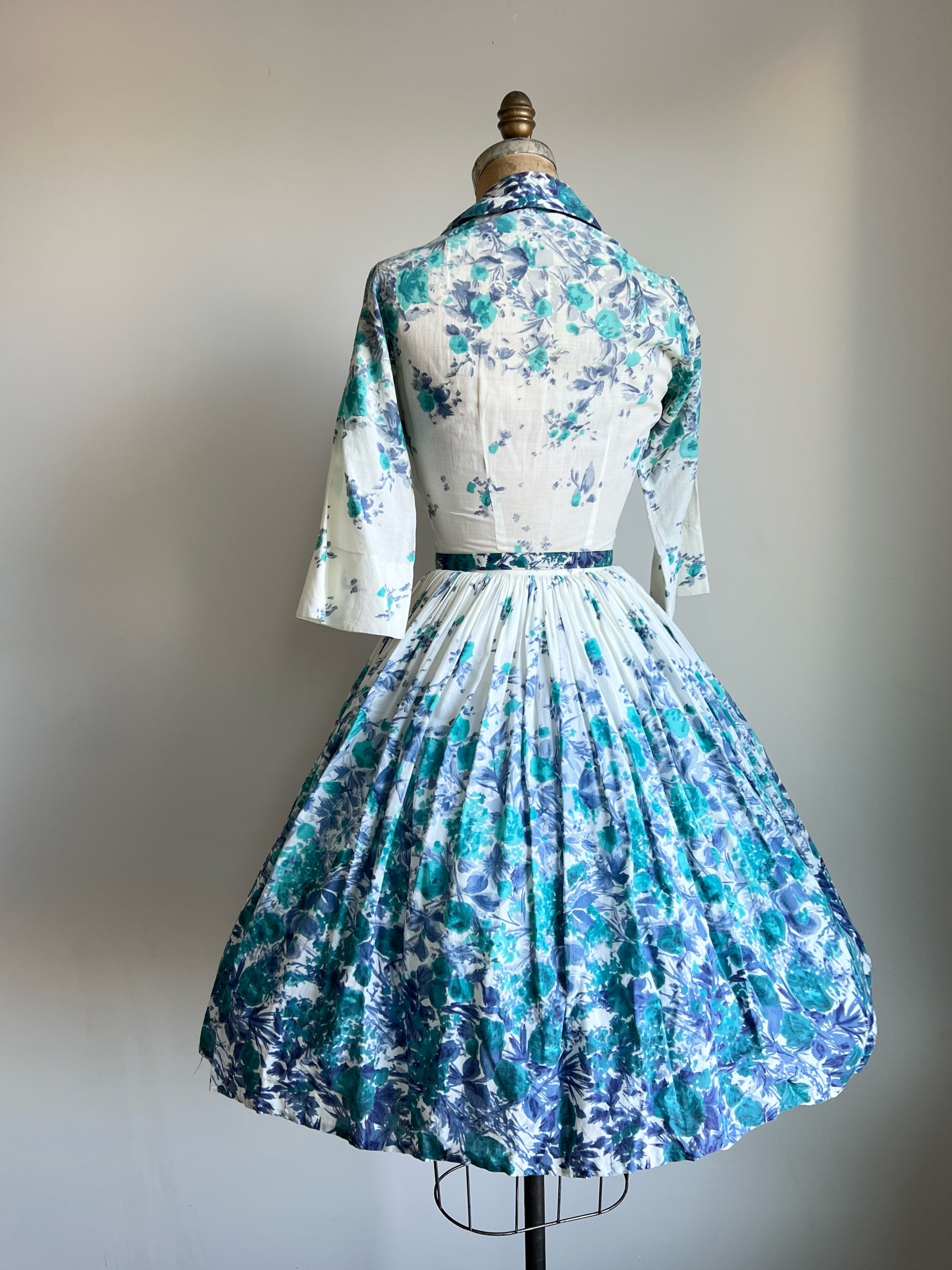 1950s Blue Floral Dress XS