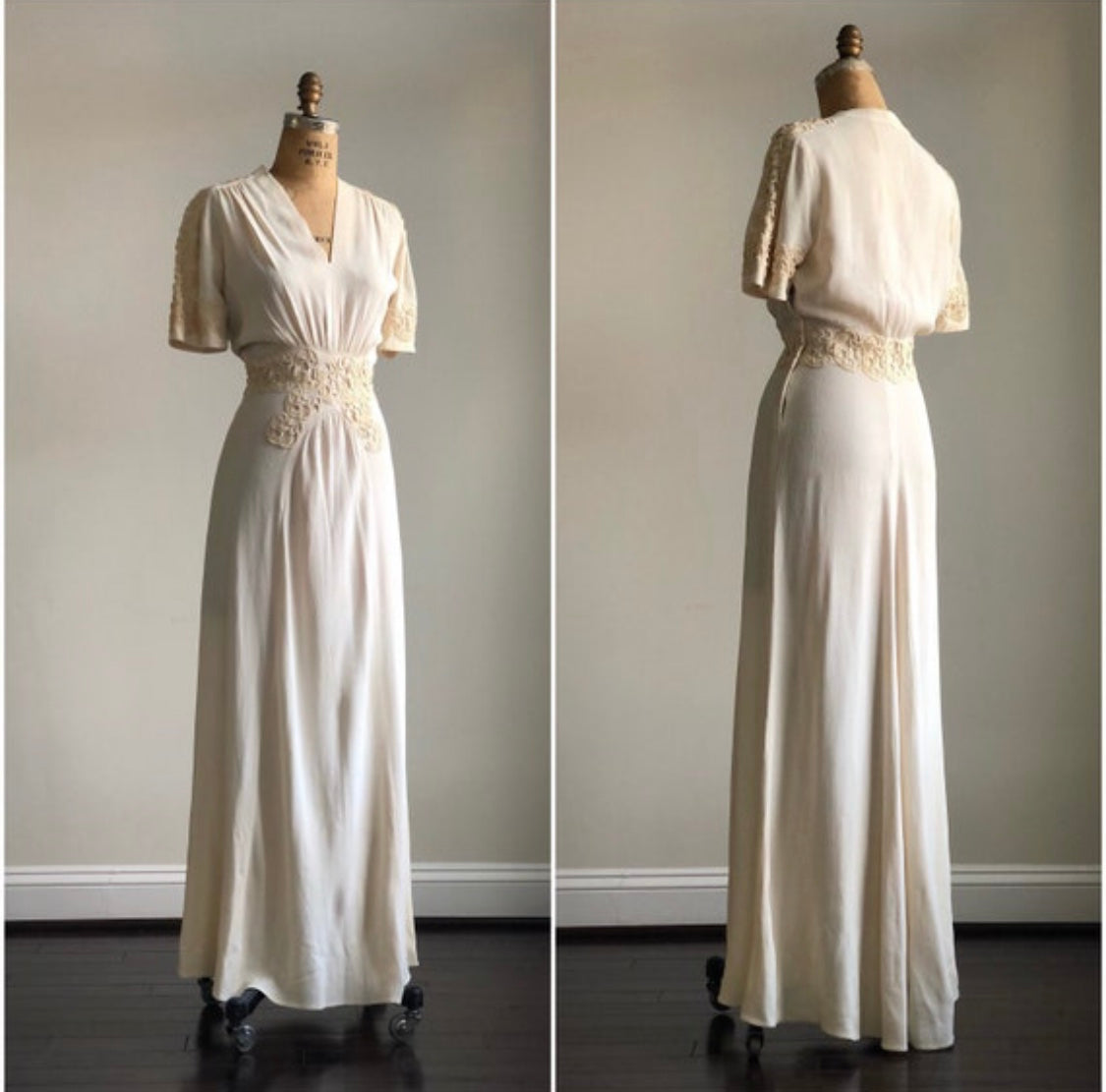 1930s 40s Vintage Maxi Ivory Dress M/L