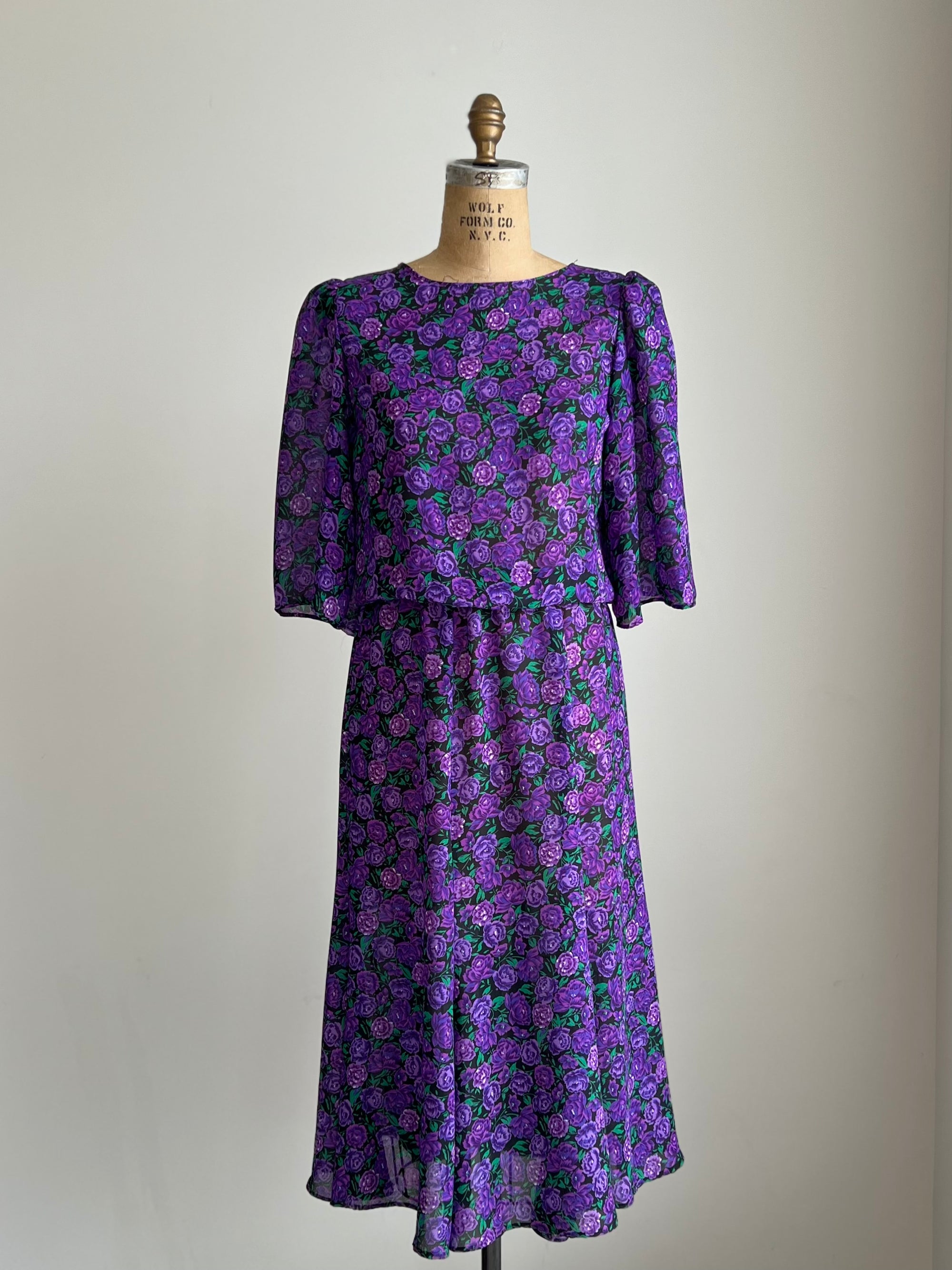 1970s Toni Todd Purple Rose Bud Garden Dress with Flutter Sleeves S/M