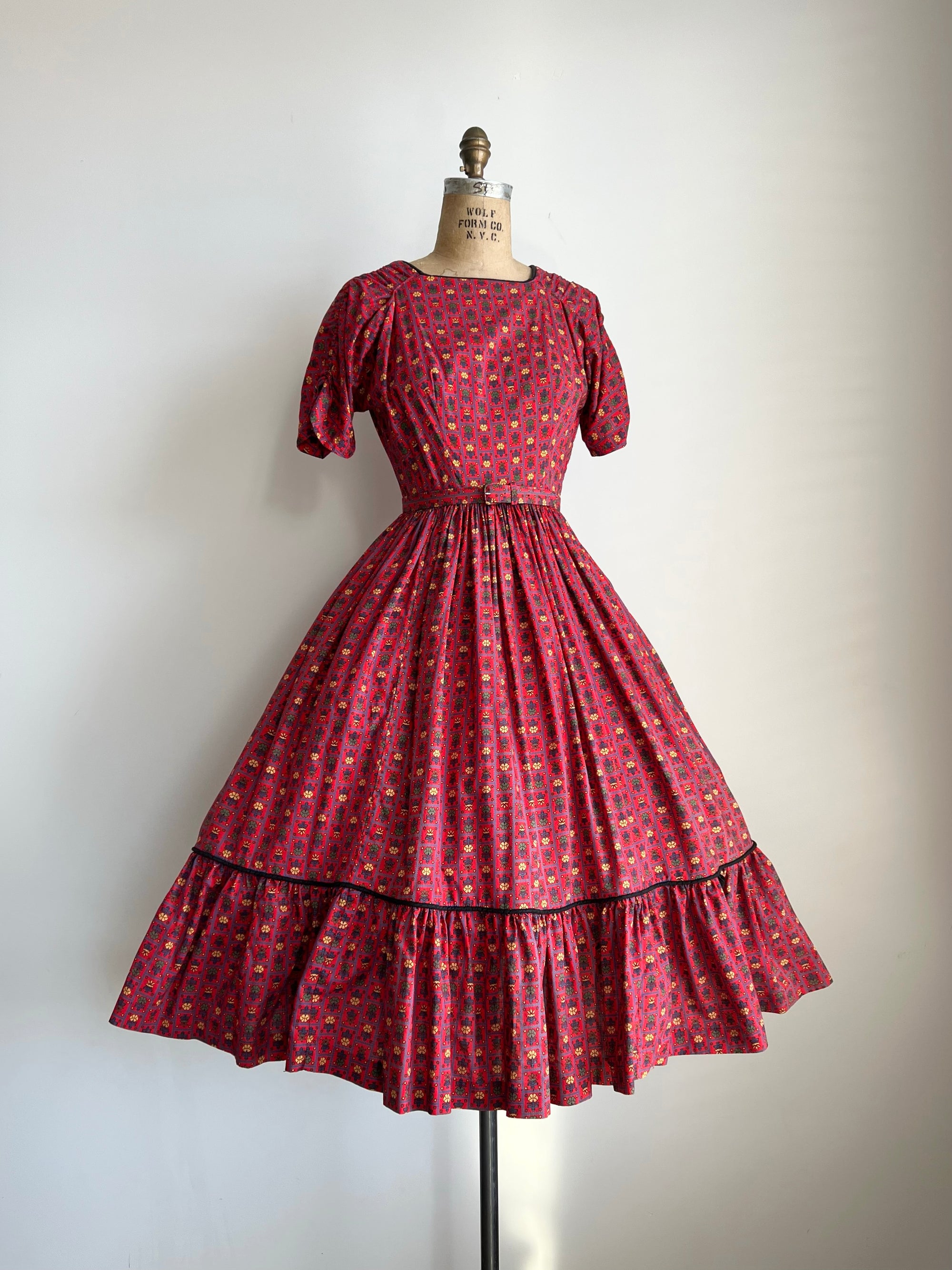 1950s Claire Evans Cotton Floral Print Red Dress MEDIUM