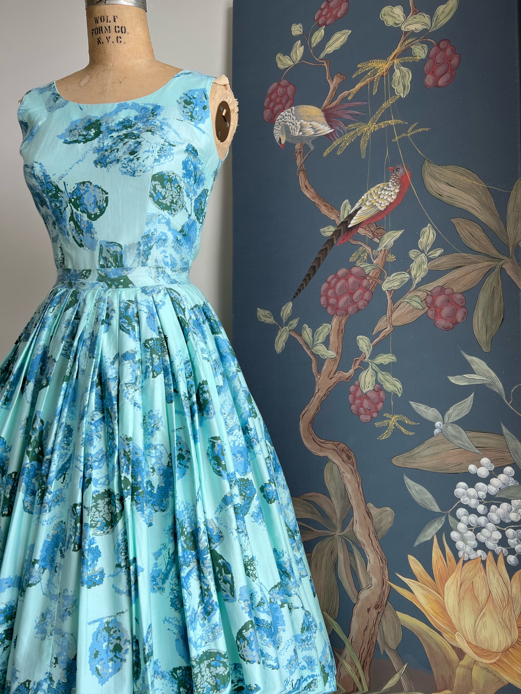 1950s Blue Rose Garden Print 2 Piece Dress Set XS
