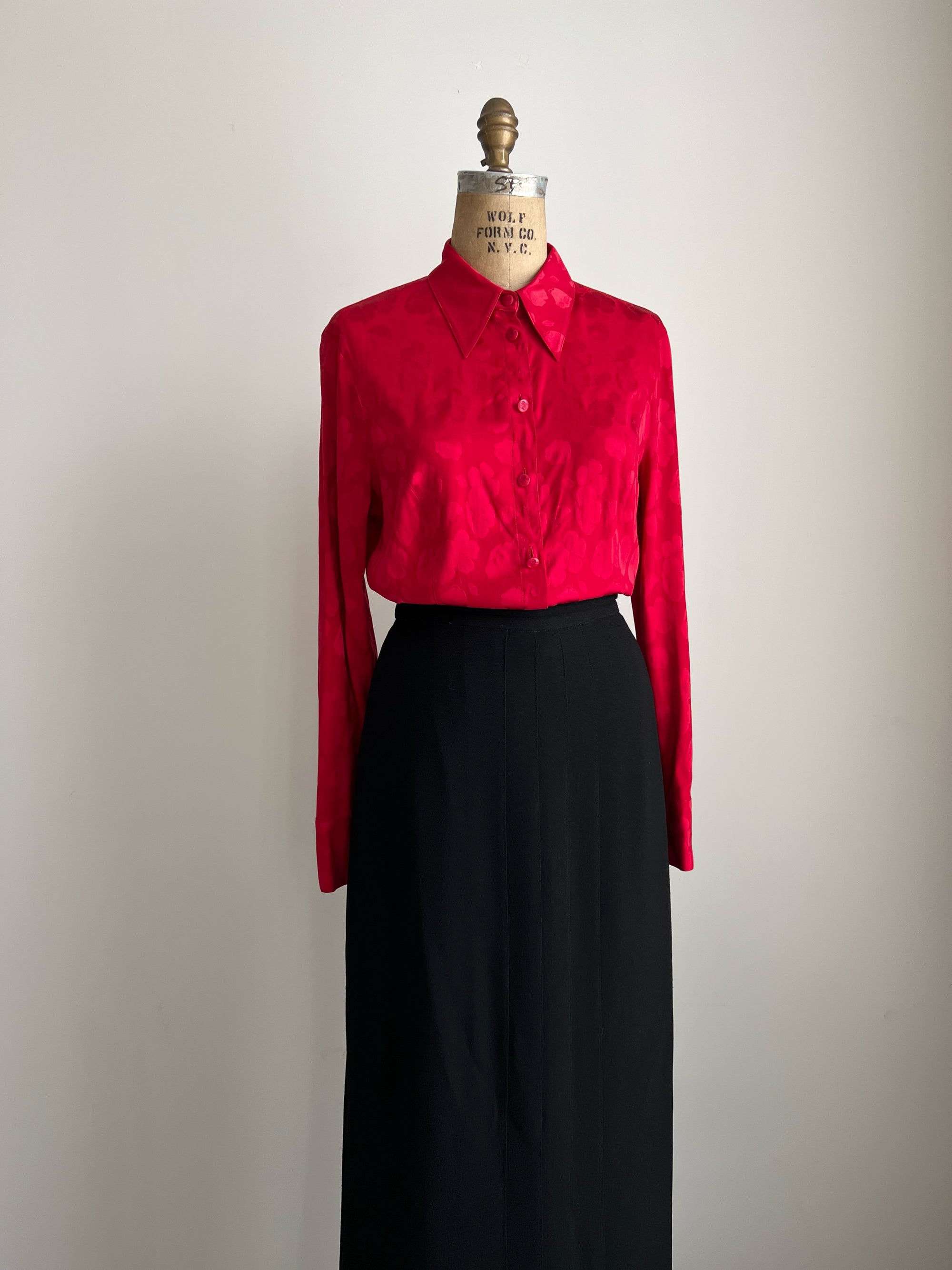 1980s 90s Escada Silk Floral Etched Red Blouse
