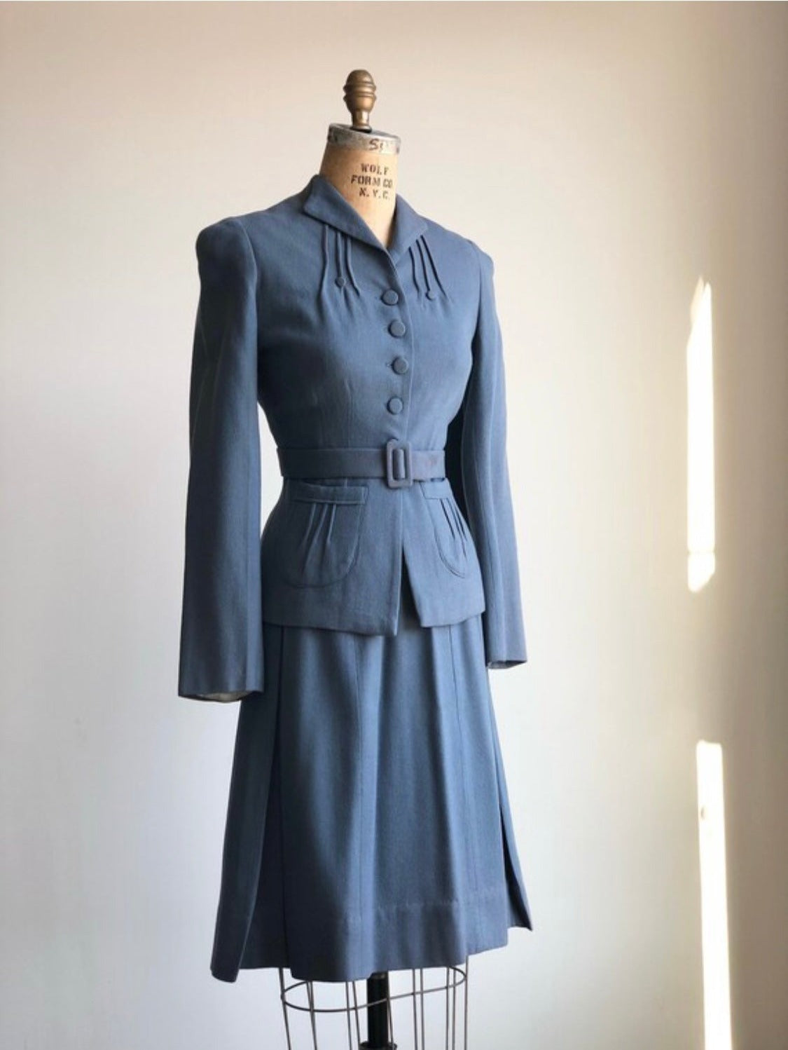 1940s Vintage Blue Wool Suit / Fantastic Tailoring / Short Pleated Skirt with Matching Belt