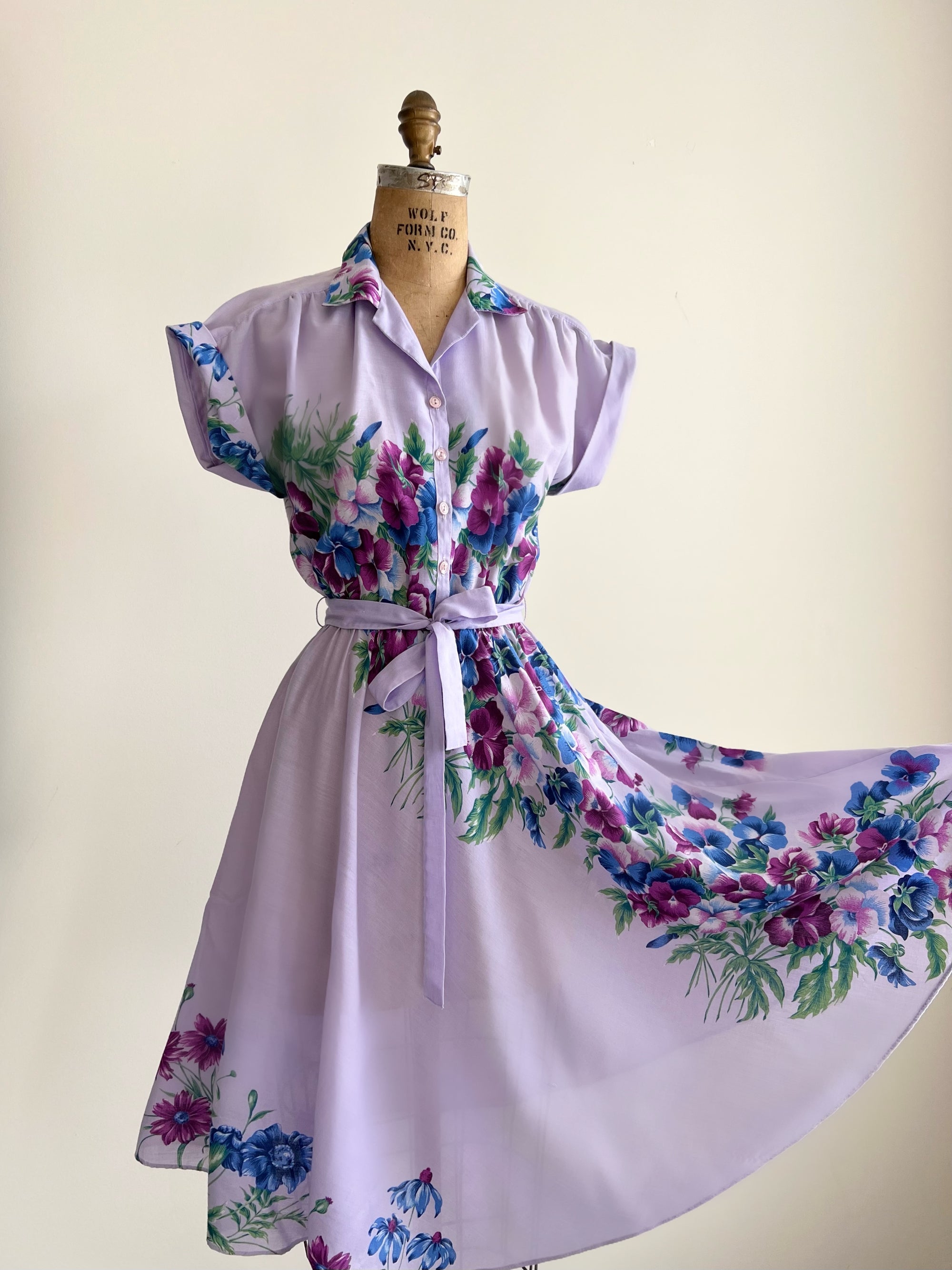1960s Purple Floral Garden Party Midi Dress S/M