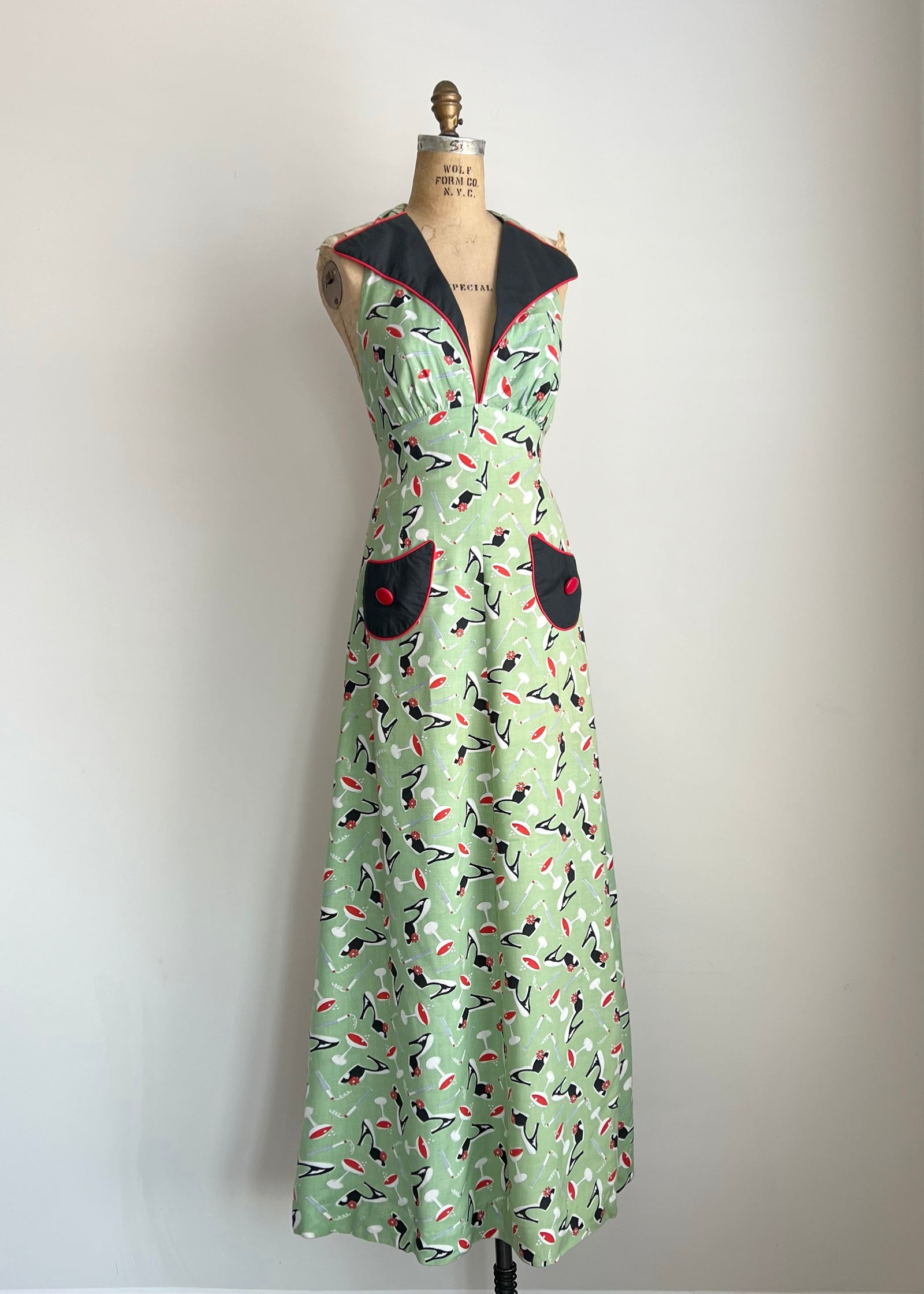 1970 Novelty Print Halter Maxi Dress MEDIUM