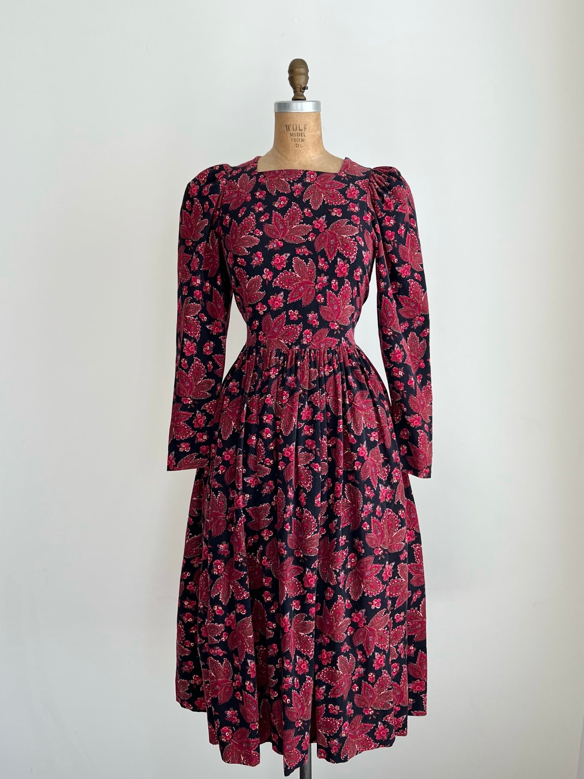 1980s Vintage Laura Ashley Cottagecore Prairie Corduroy Red Leaf Midi Dress with Puff Sleeves