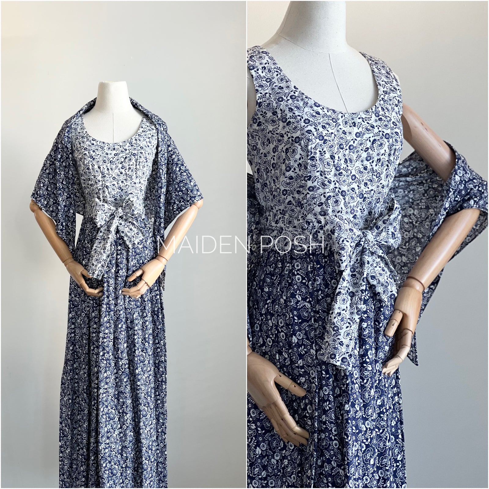 1970s Carlye Maxi Floral Blue Dress with Shawl and Belt Tie XS