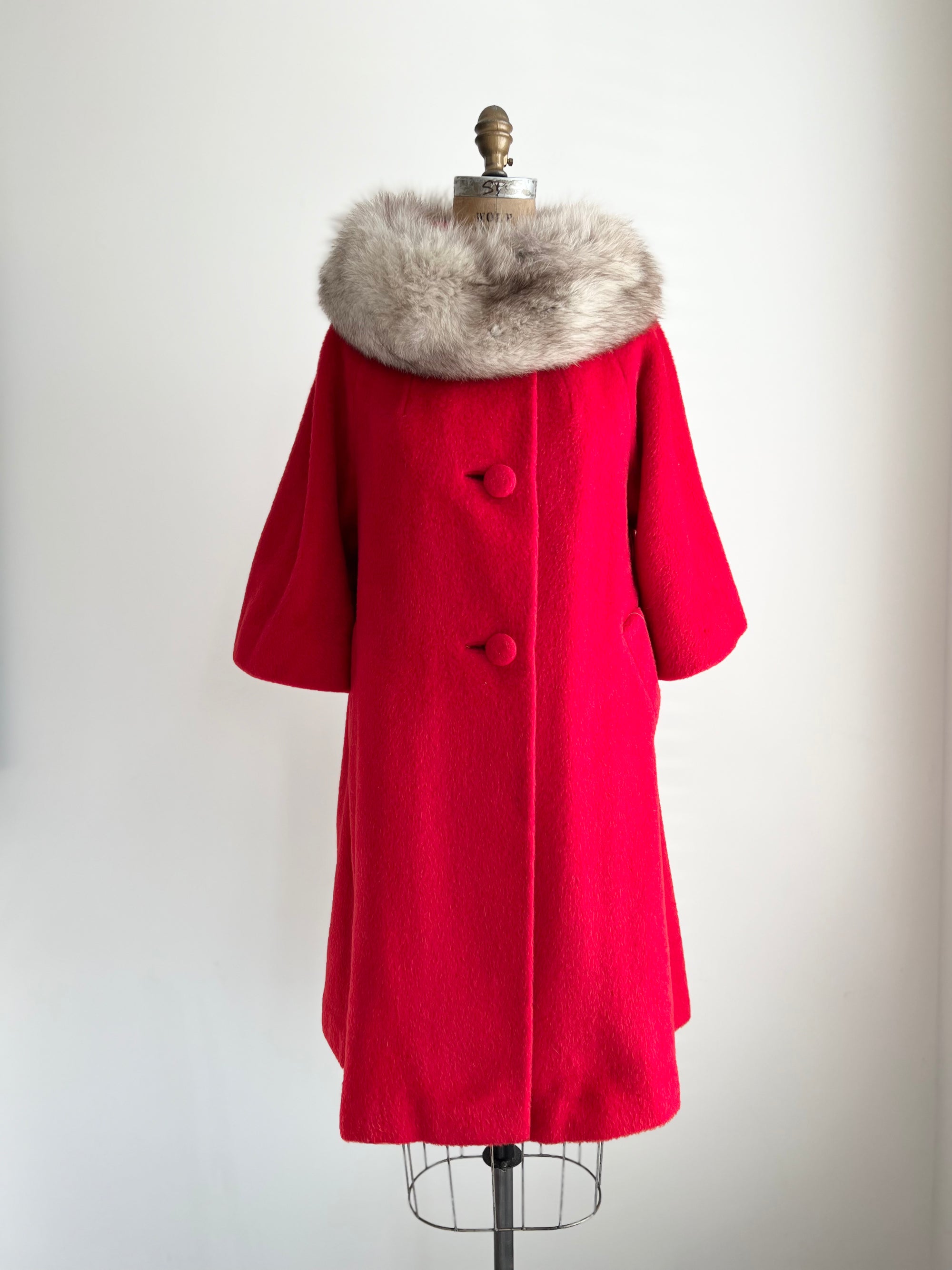 1960s Lilli Ann Cherry Red Swing Coat with Mohair Fox Fur S/M/L