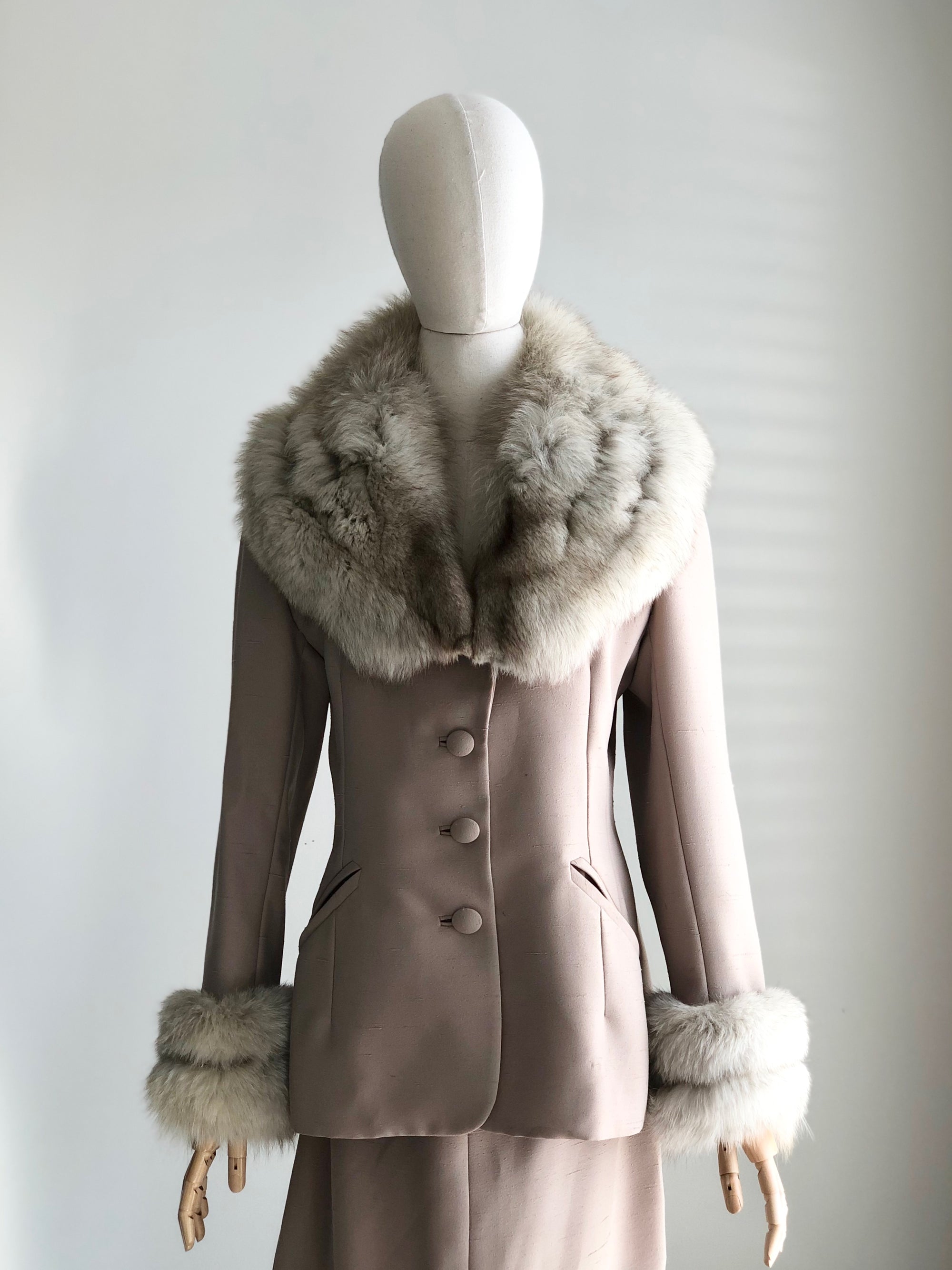 Vintage Lilli Ann Fox Fur Jacket Skirt Suit Set in the Color Antique Beige MEDIUM