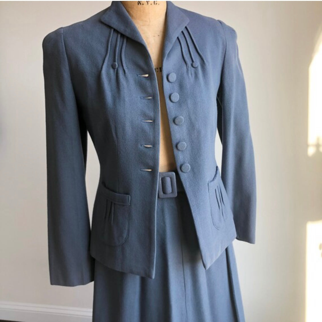 1940s Vintage Blue Wool Suit / Fantastic Tailoring / Short Pleated Skirt with Matching Belt