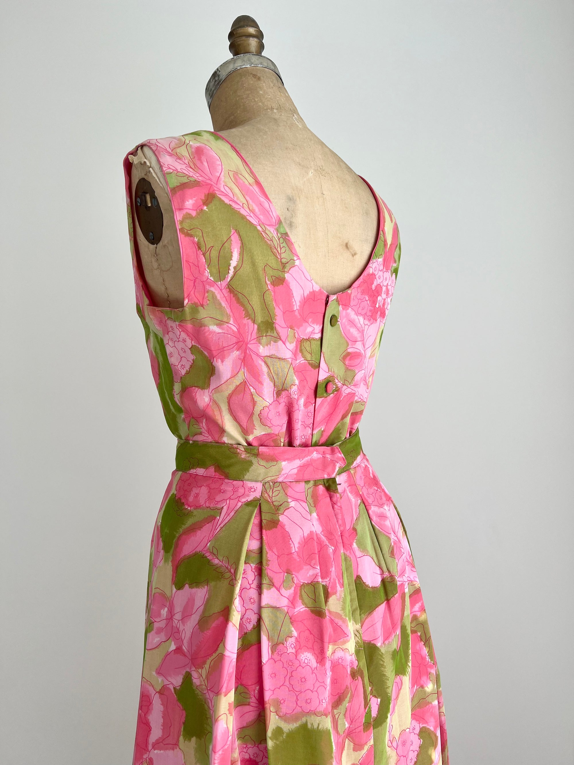 1950s Griffon De Paris Pink and Green Floral 2 Piece Dress Set MEDIUM