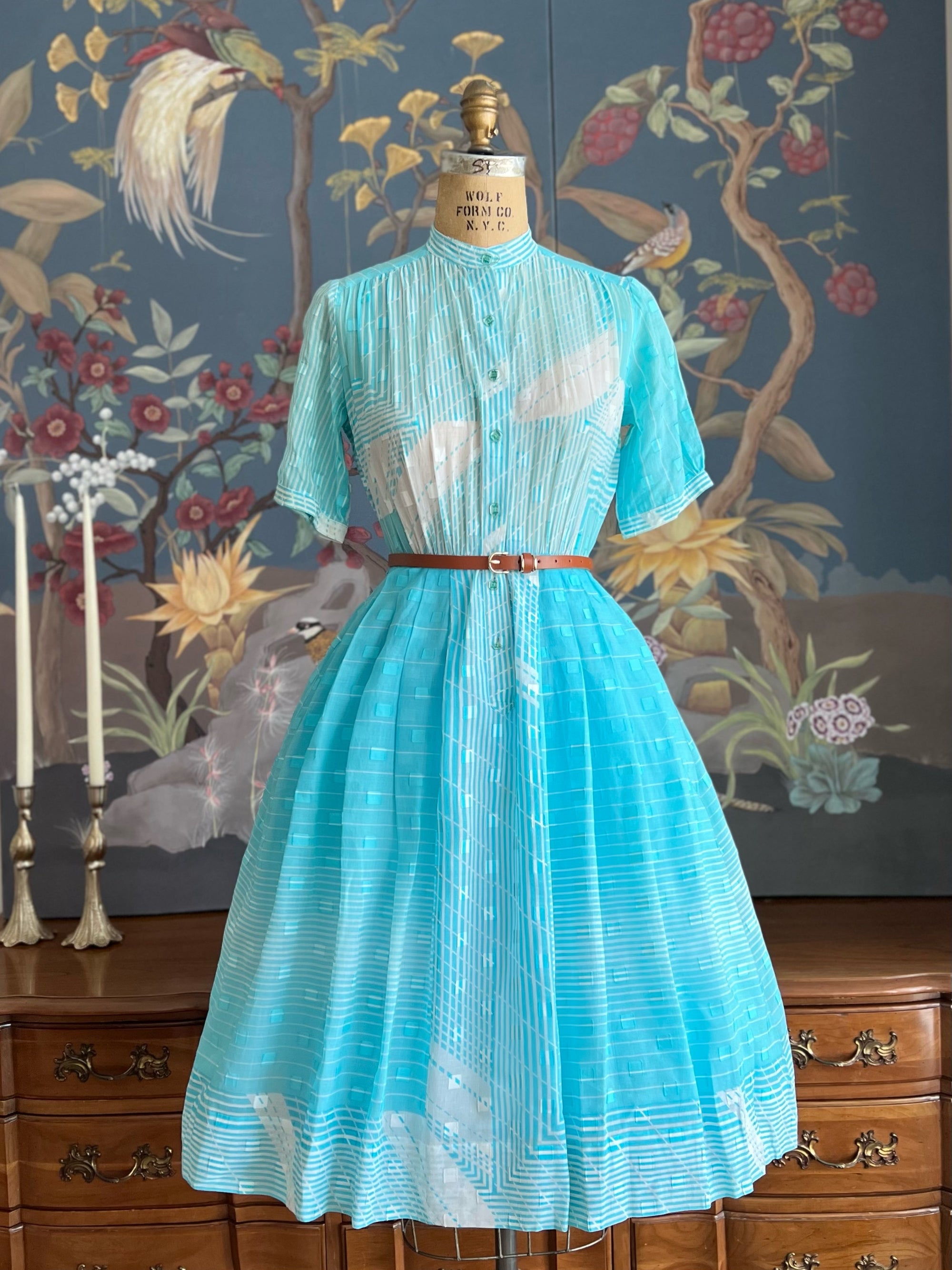 1950s Blue White Geometric Wave Embossed Pattern Dress MEDIUM