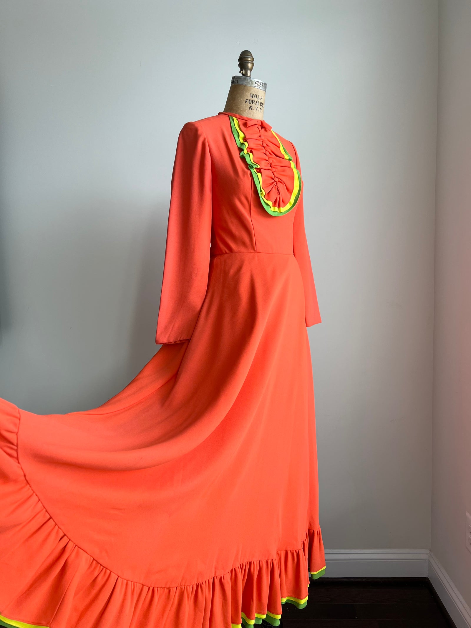 1960s Emma Domb ILGWU Union Label Tangerine Orange Maxi Fiesta Dress SMALL