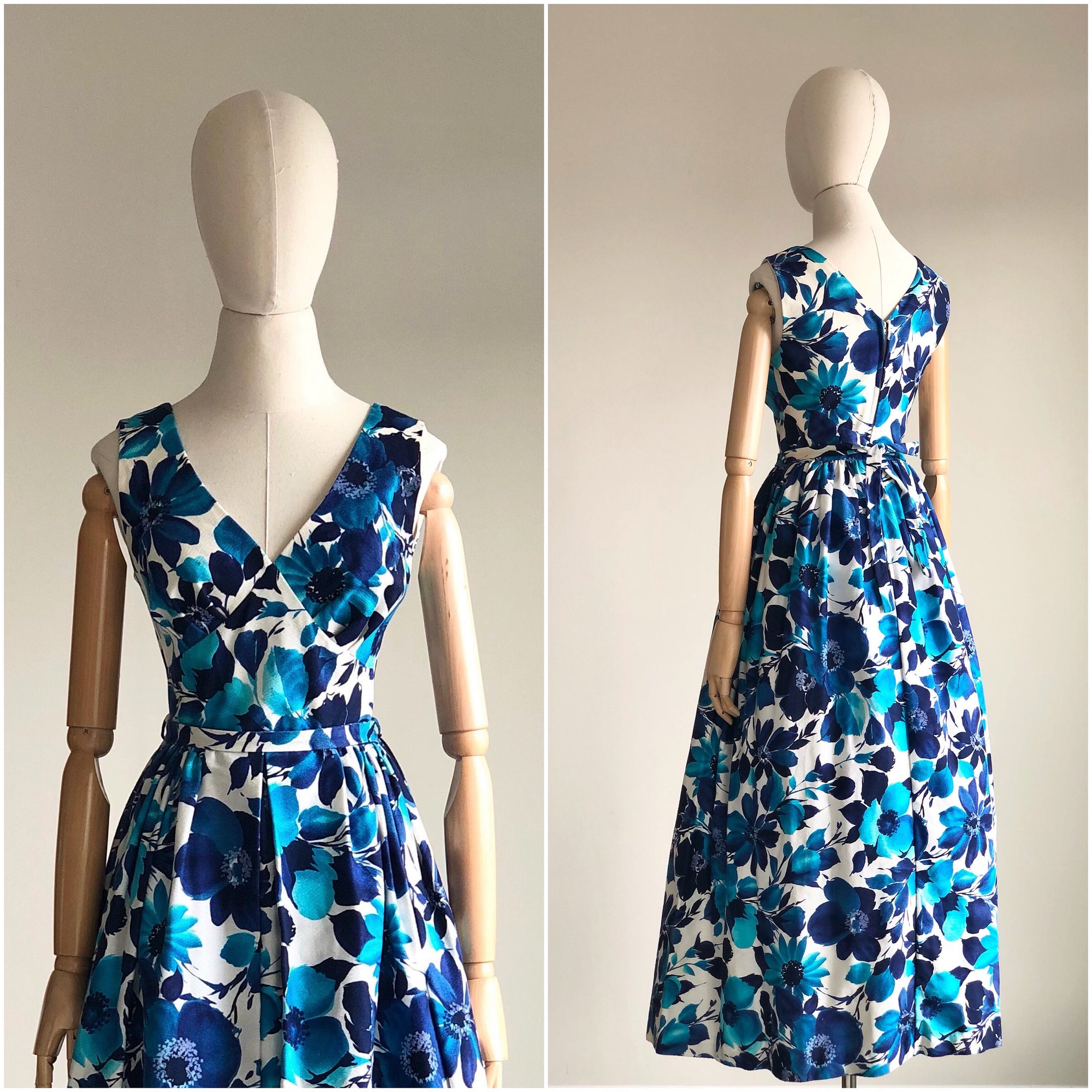 1960s Garfinkel’s Blue and White Floral Print Maxi Dress SMALL