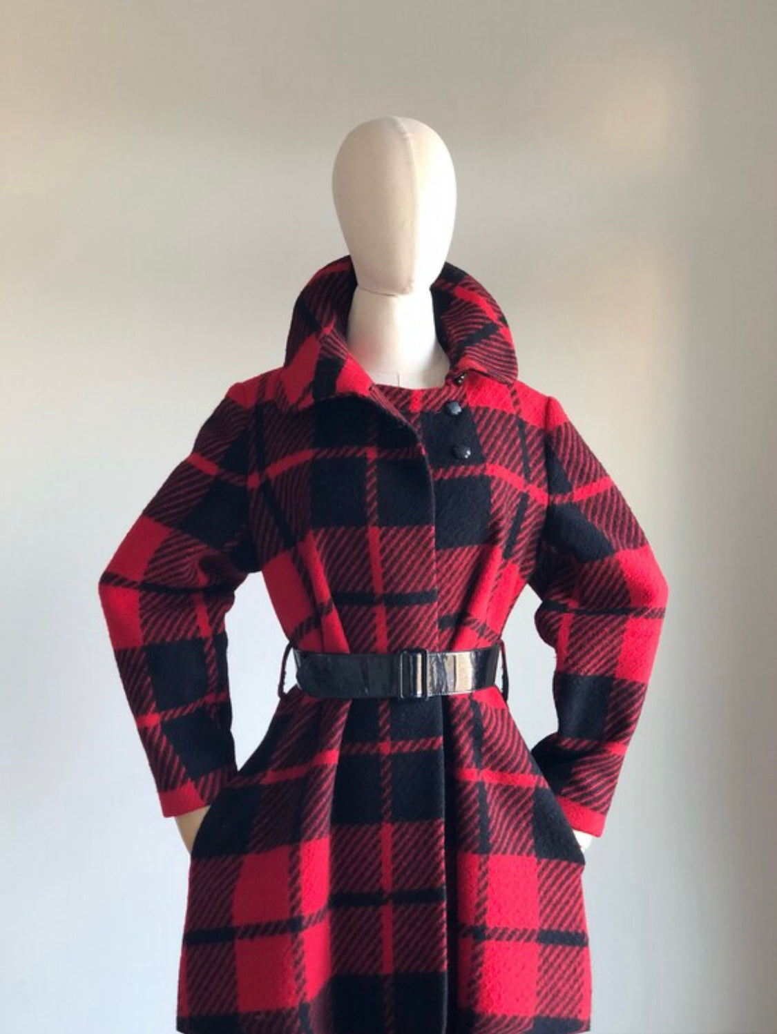1950s Buffalo Plaid Wool Cost with Peter Pan Collar and Patent Black Belt