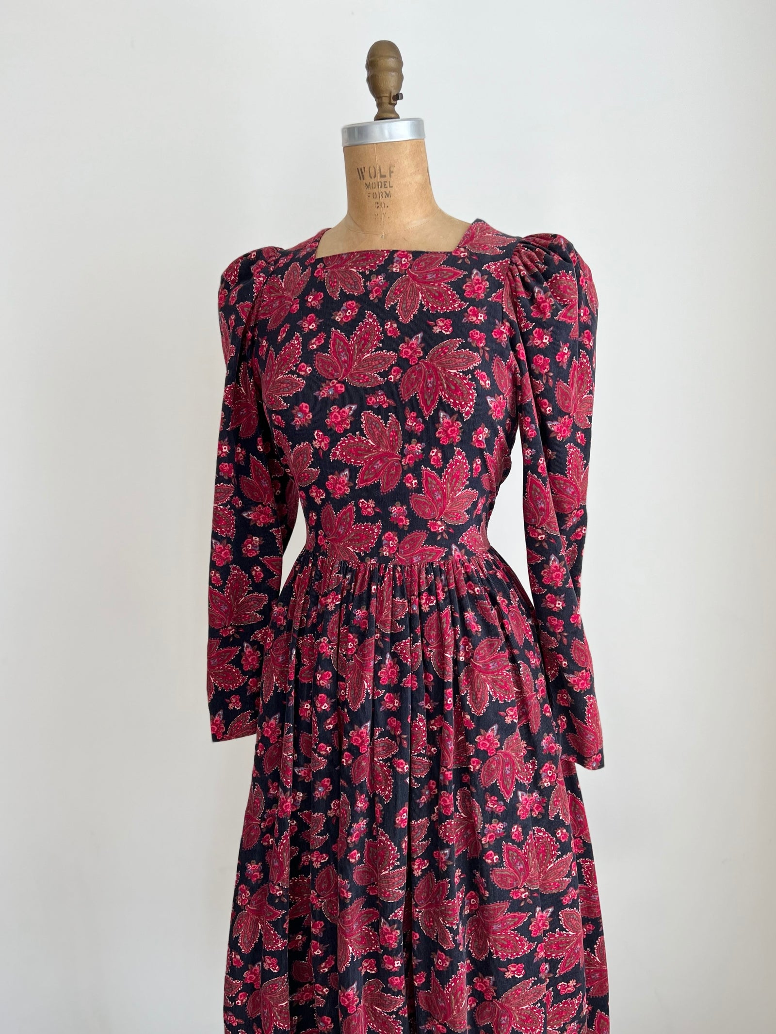 1980s Vintage Laura Ashley Cottagecore Prairie Corduroy Red Leaf Midi Dress with Puff Sleeves