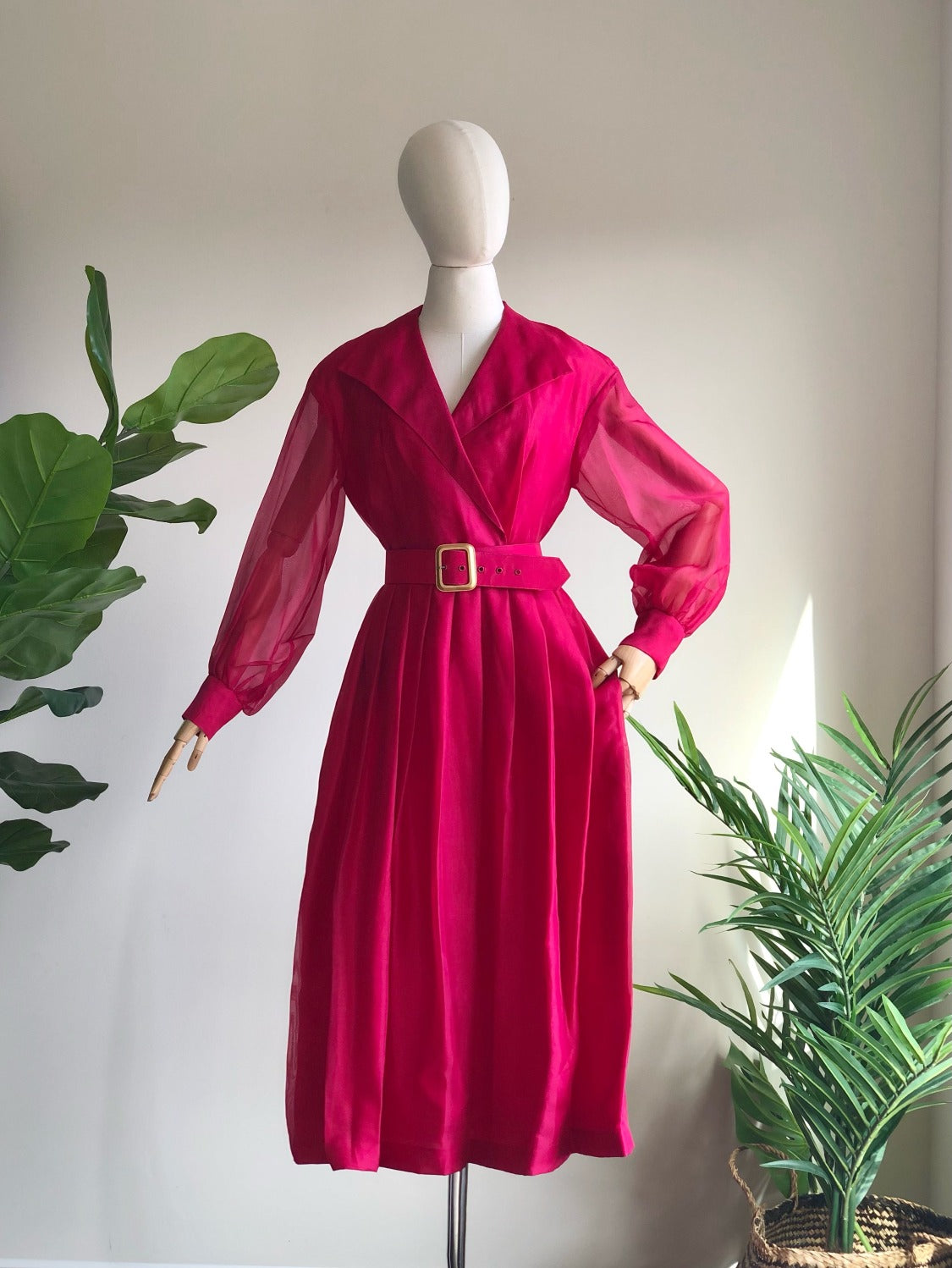1980s Raspberry Silk Organza V-neck Statement Puff Sleeve Midi Dress MEDIUM
