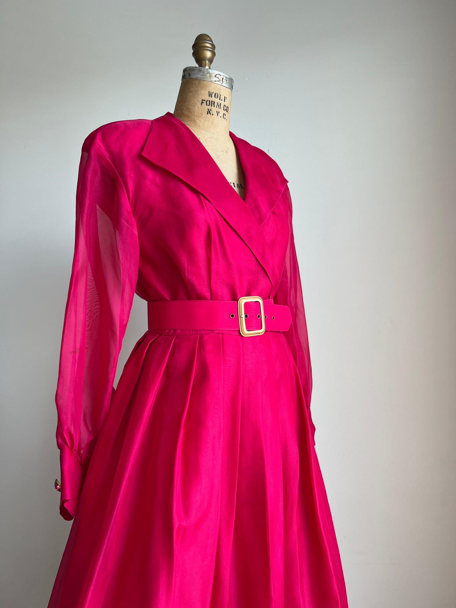 1980s Raspberry Silk Organza V-neck Statement Puff Sleeve Midi Dress MEDIUM