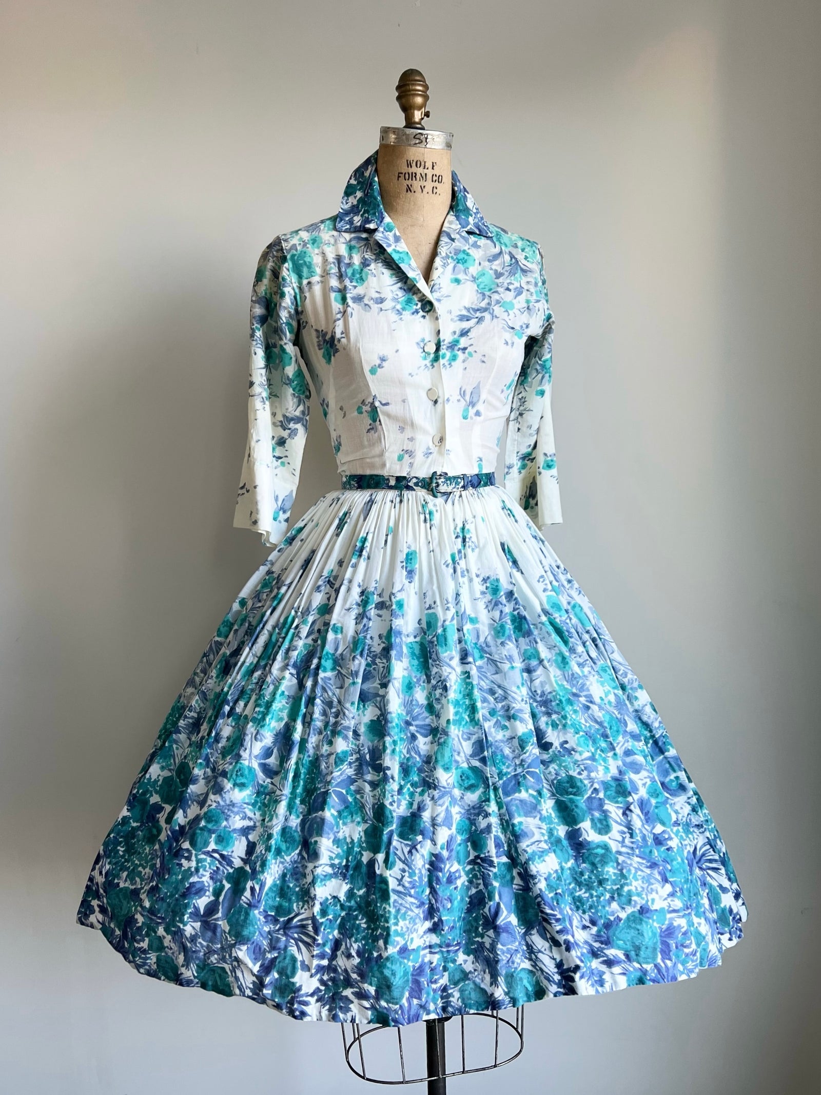 1950s Blue Floral Dress XS