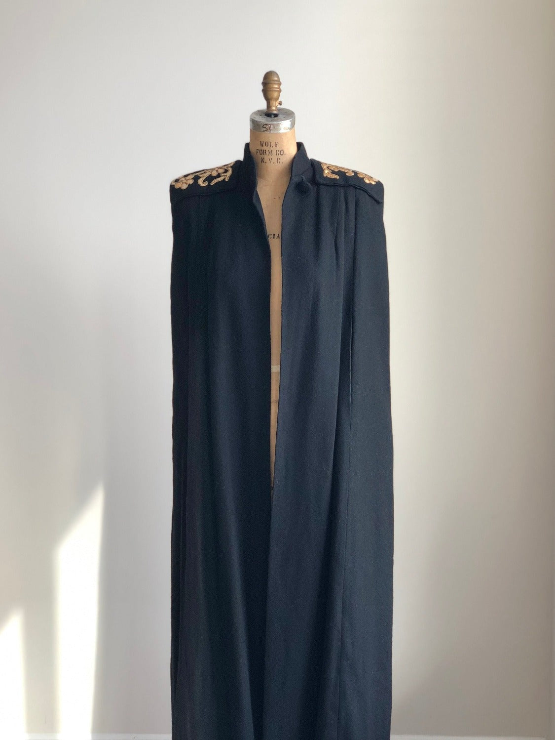 1940s Black Wool Cape with Gold Appliqué Shoulders ONE SIZE