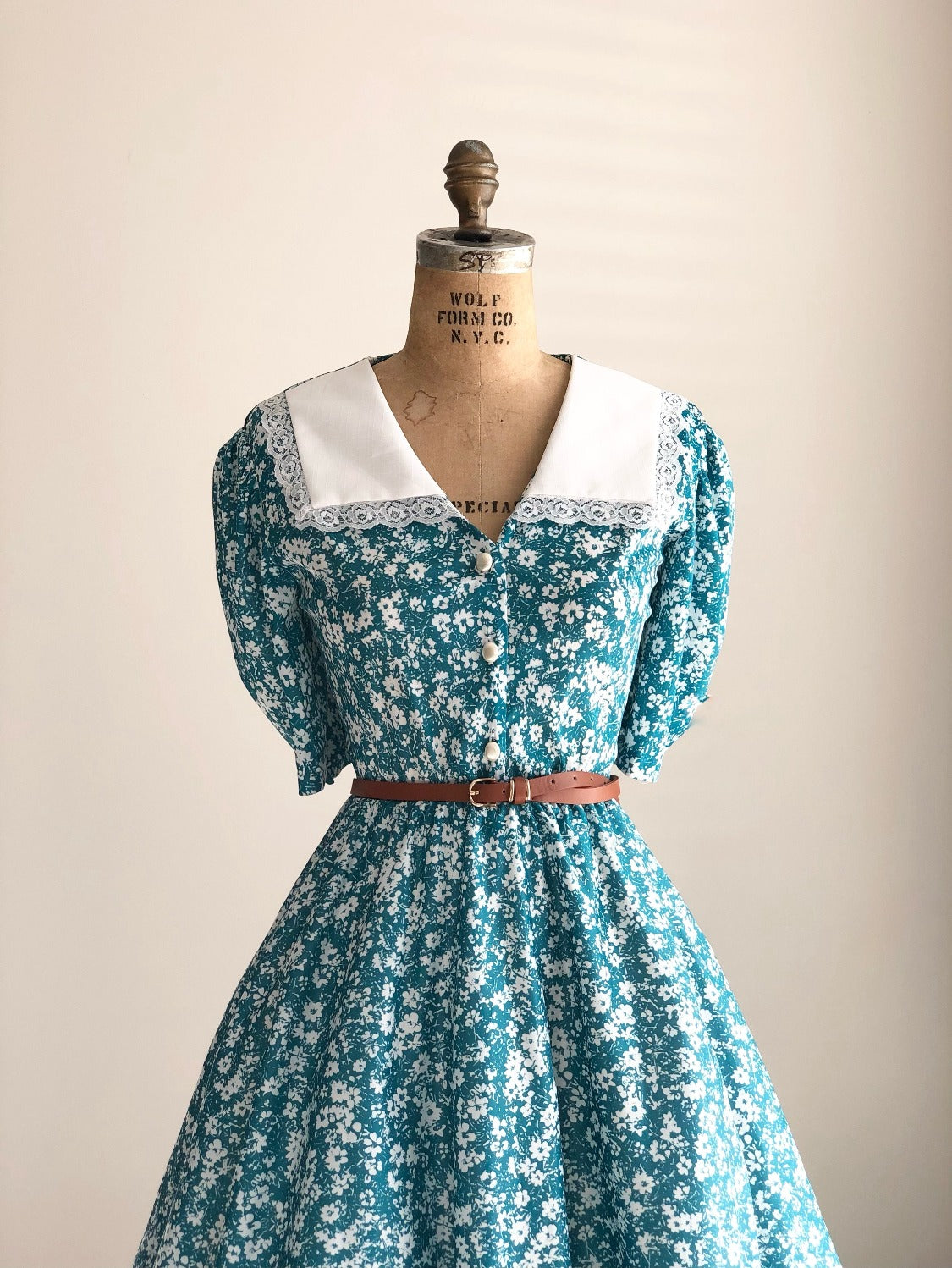 1980s Floral Teal Midi Tea Dress with Puritan Collar Button Bodice Size 14 LARGE-XLARGE