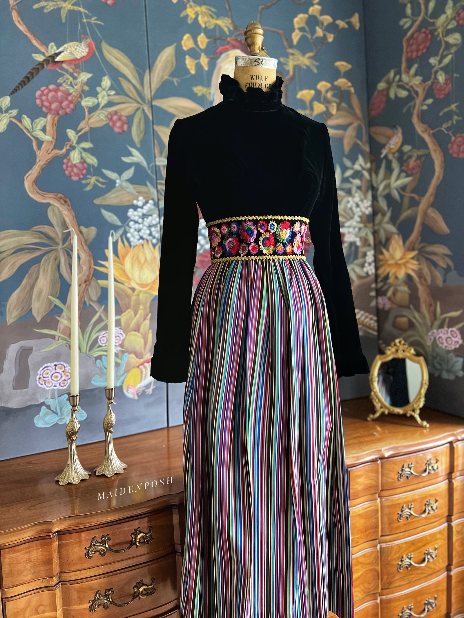 1960s Velvet Taffeta Maxi Dress with High Waist Built-In Embroidered Belt Sash S/M