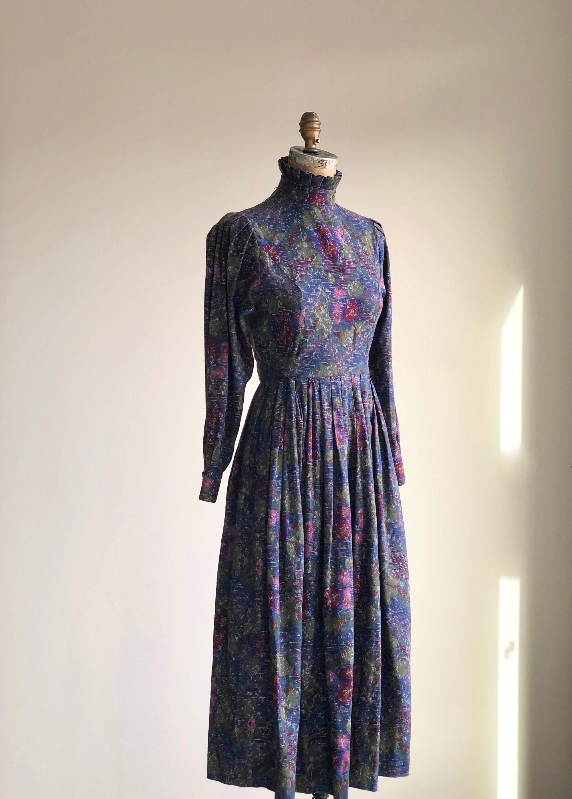 1980s Laura Ashley High Neck Prairie Midi Dress UK8 US6