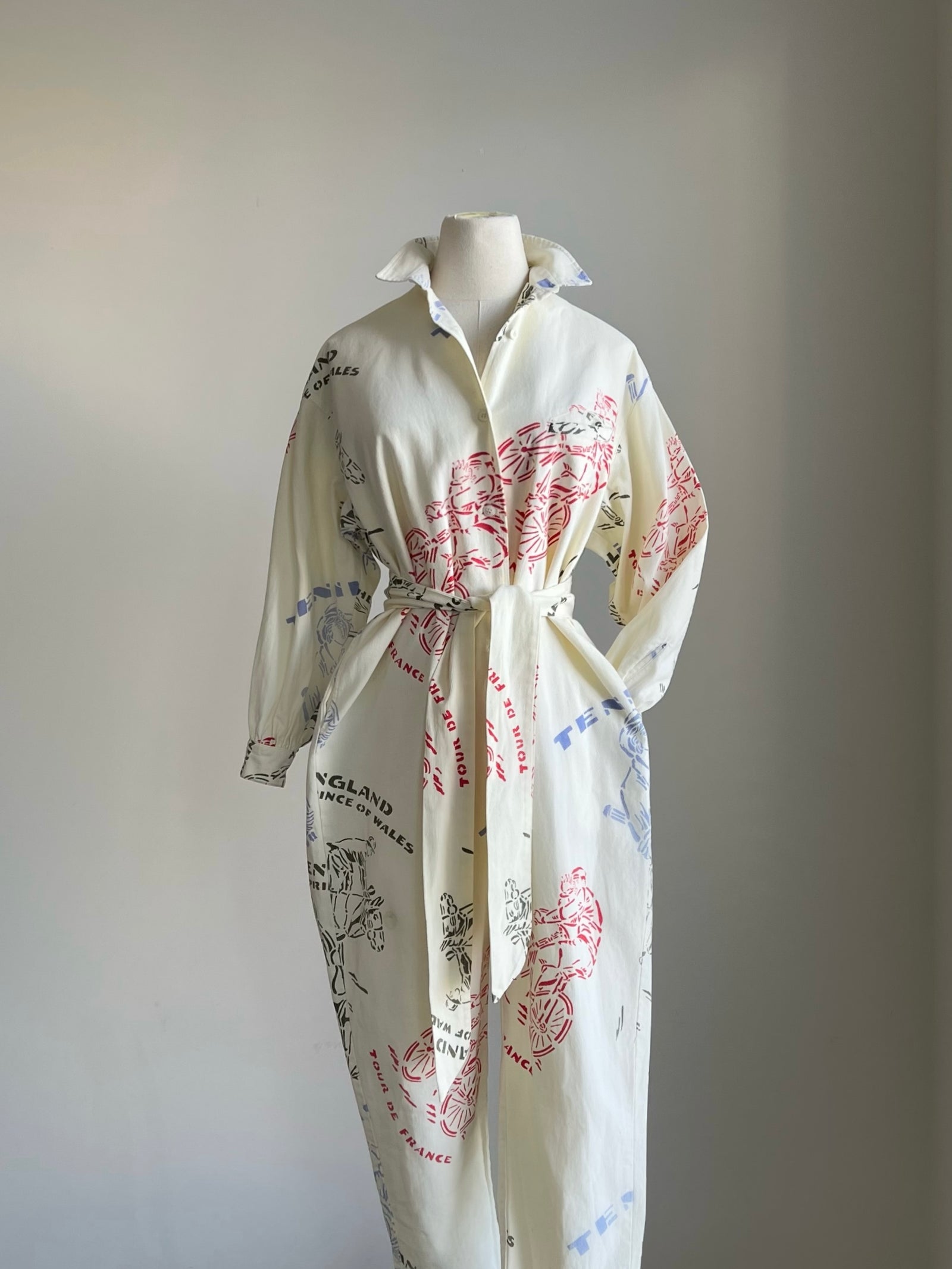 1980s Anne Cole Cotton Denim Jumpsuit with Tour De France, Prince of Walces Horseback Rider, and Tennis Prints