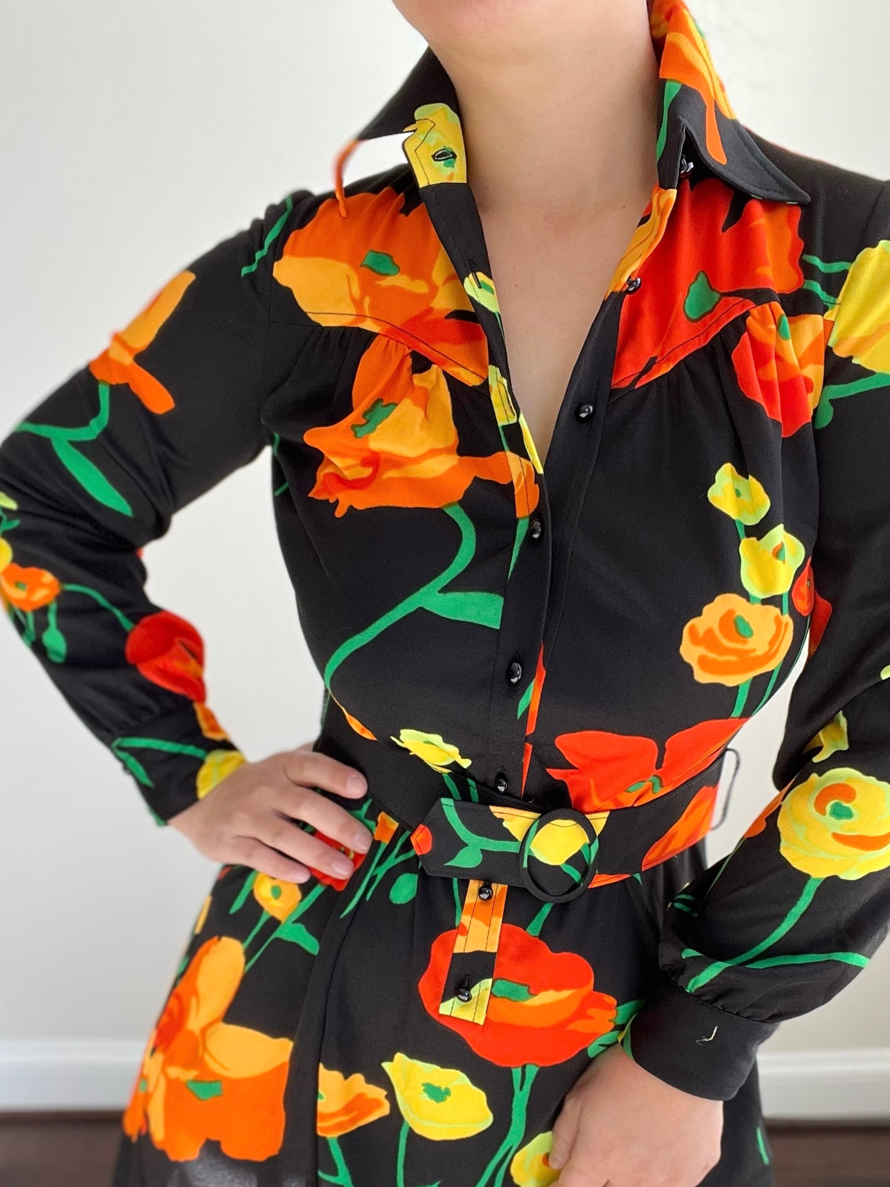 1970s Abstract Floral Print Maxi Dress with Matching Belt LARGE