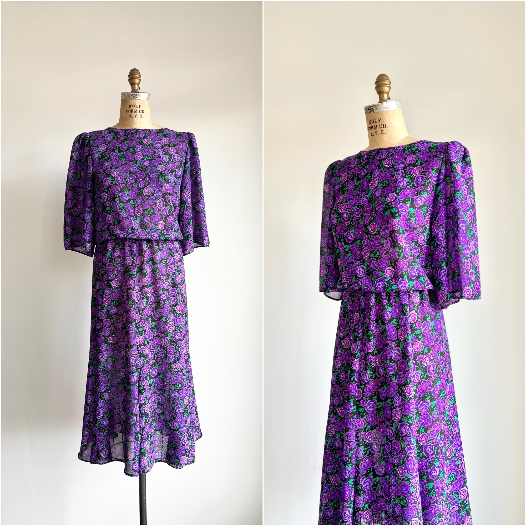 1970s Toni Todd Purple Rose Bud Garden Dress with Flutter Sleeves S/M