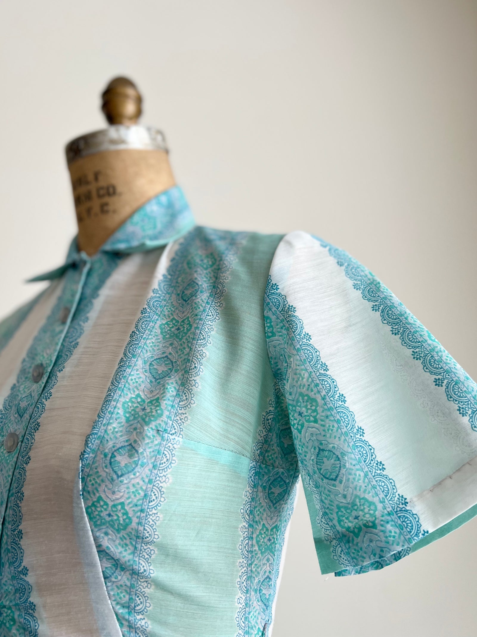 1950s Turquoise and White Printed Day Dress XS