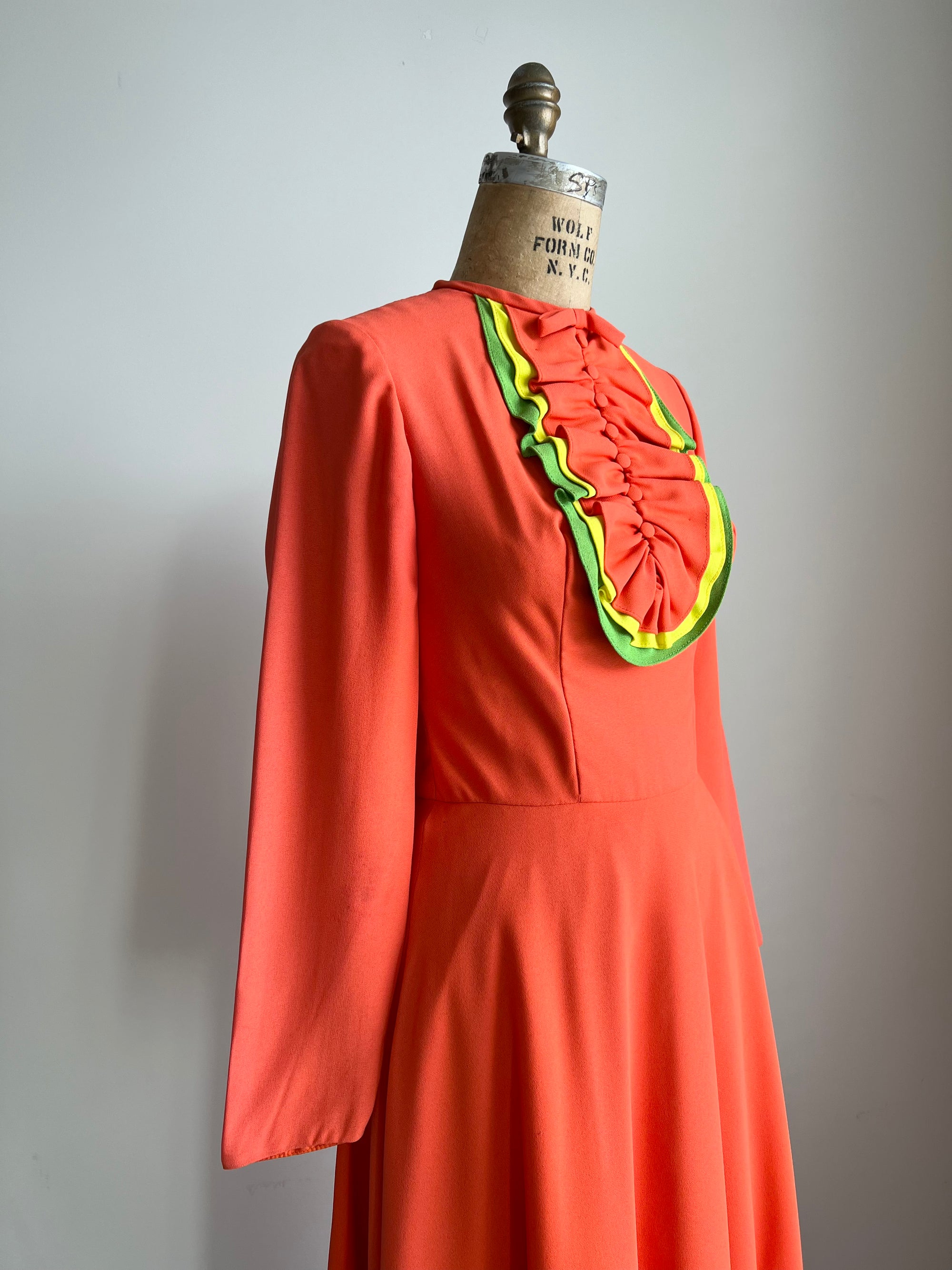 1960s Emma Domb ILGWU Union Label Tangerine Orange Maxi Fiesta Dress SMALL