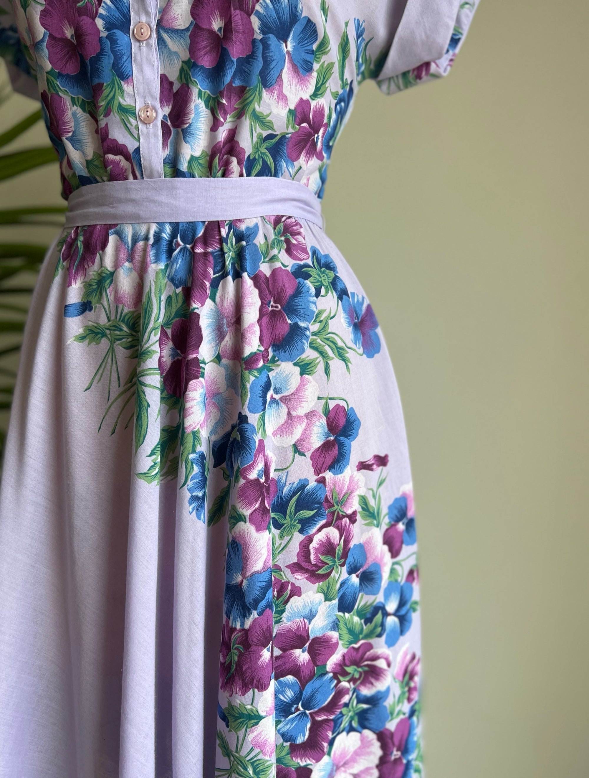 1960s Purple Floral Garden Party Midi Dress S/M