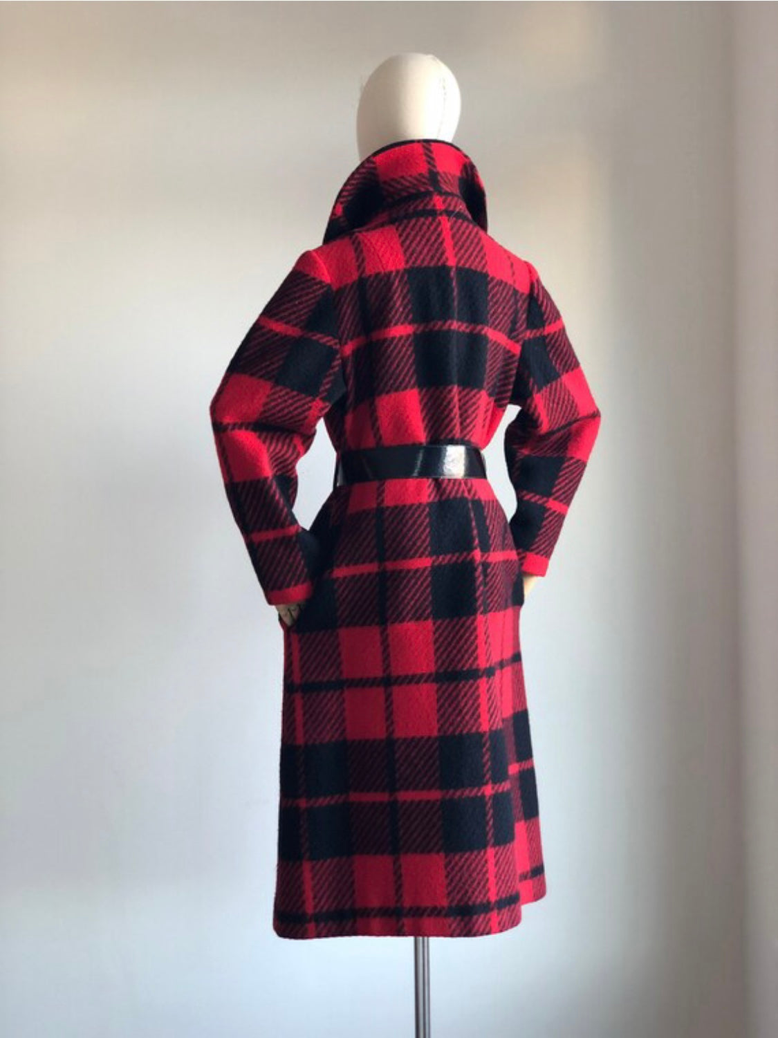 1950s Buffalo Plaid Wool Cost with Peter Pan Collar and Patent Black Belt