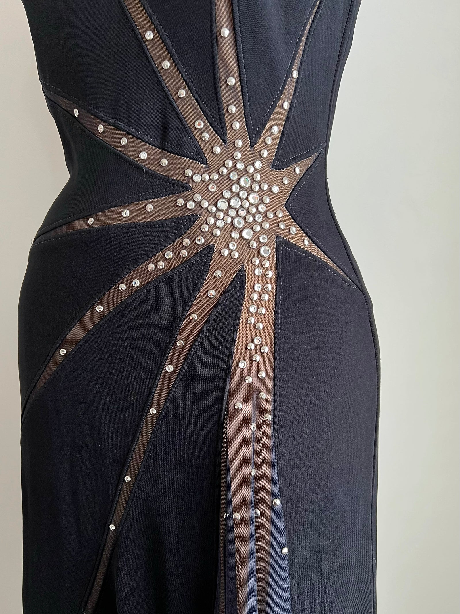1980s 90s Tadashi Sexy Nude Illusion Starburst Black Gown M/L