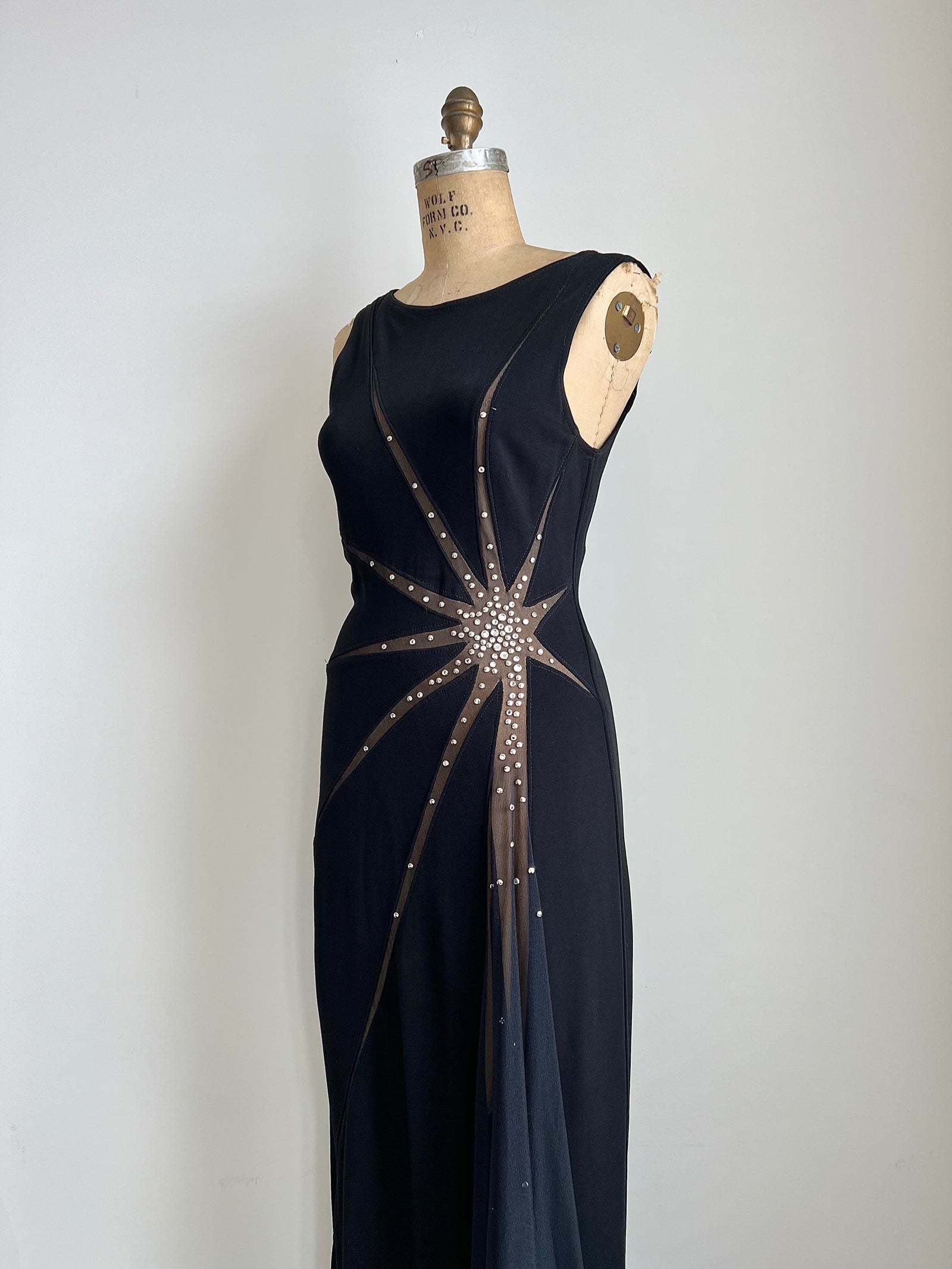 1980s 90s Tadashi Sexy Nude Illusion Starburst Black Gown M/L