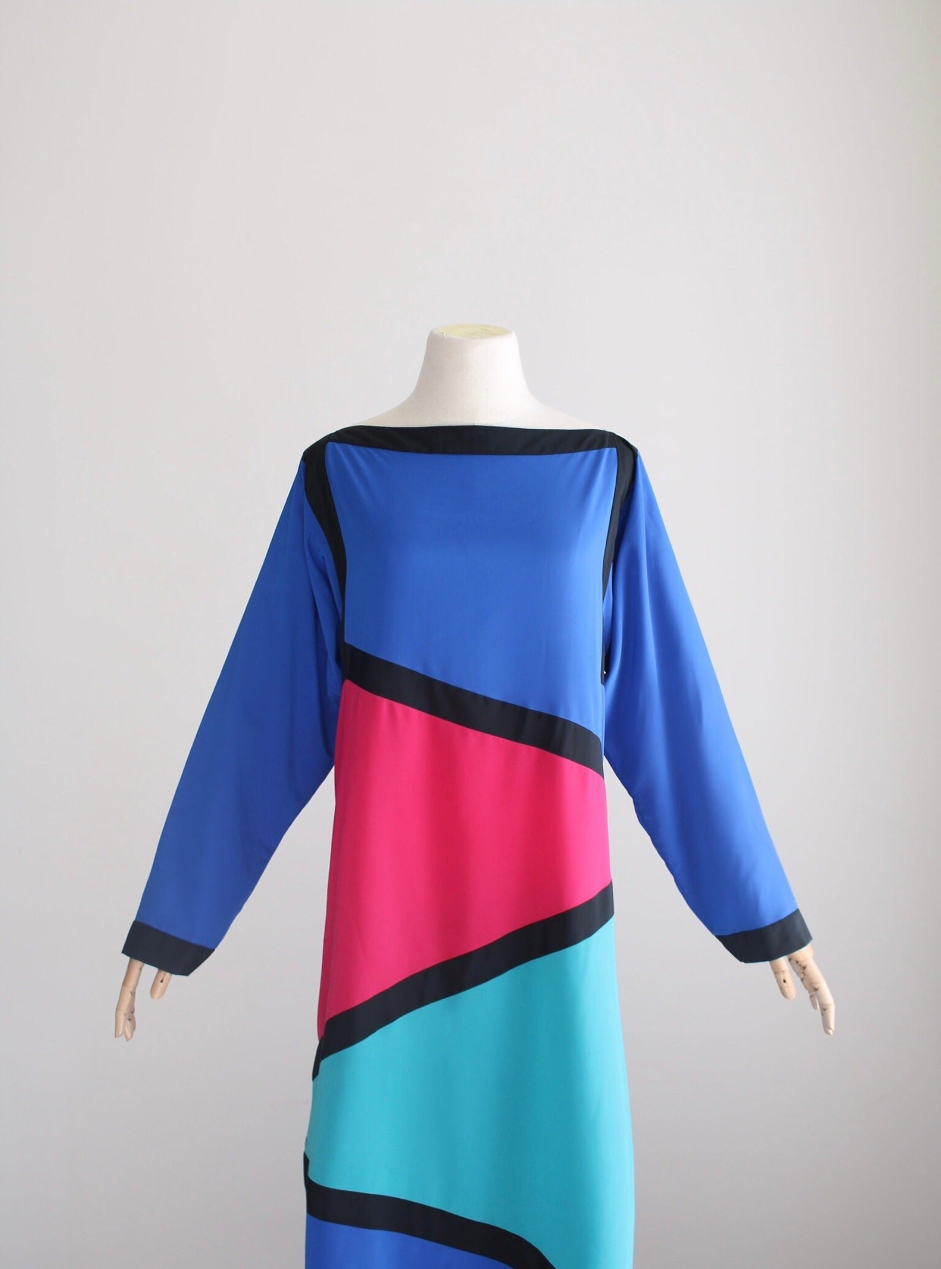 1980s Oscar De La Renta Color Block Dress LARGE